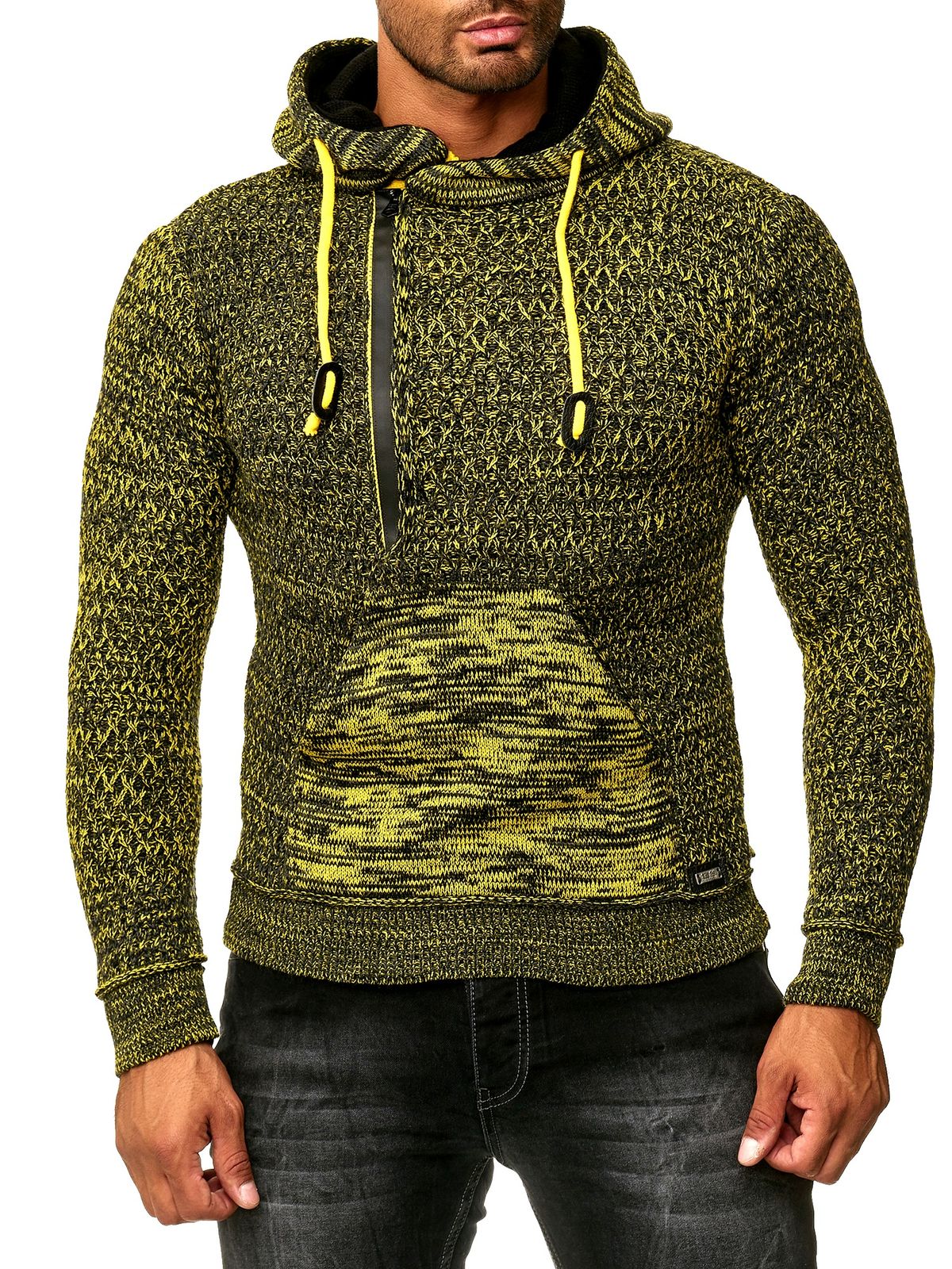 Sportiver Herren Kapuzen-Pullover mit Half-Zip und Strukturstrick Hoodie Sweater 13323 Gelb