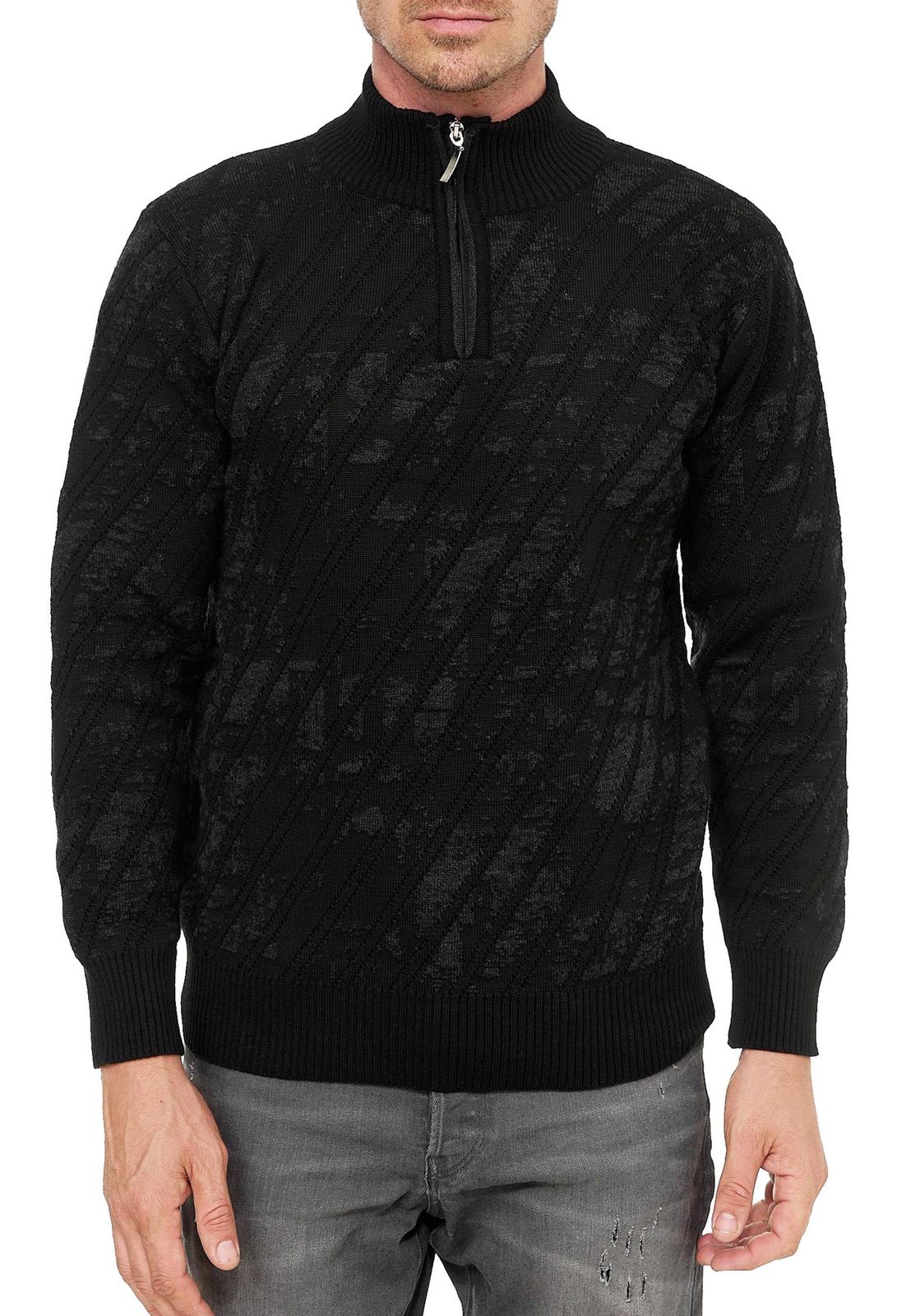 Sportiver Herren Stehkragen-Pullover mit 1/2-Zipper Feinstrick-Sweater 13444 Schwarz