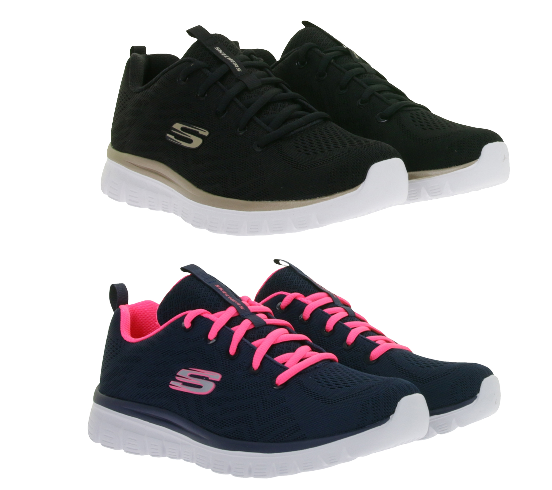 sportliche SKECHERS Graceful Damen Turn-Schuhe mit Memory Foam low Sneaker mit Logo-Patch im Metallic-Look Sport-Schuhe 12615 in Schwarz/Weiß/Gold oder Blau/Pink/Weiß