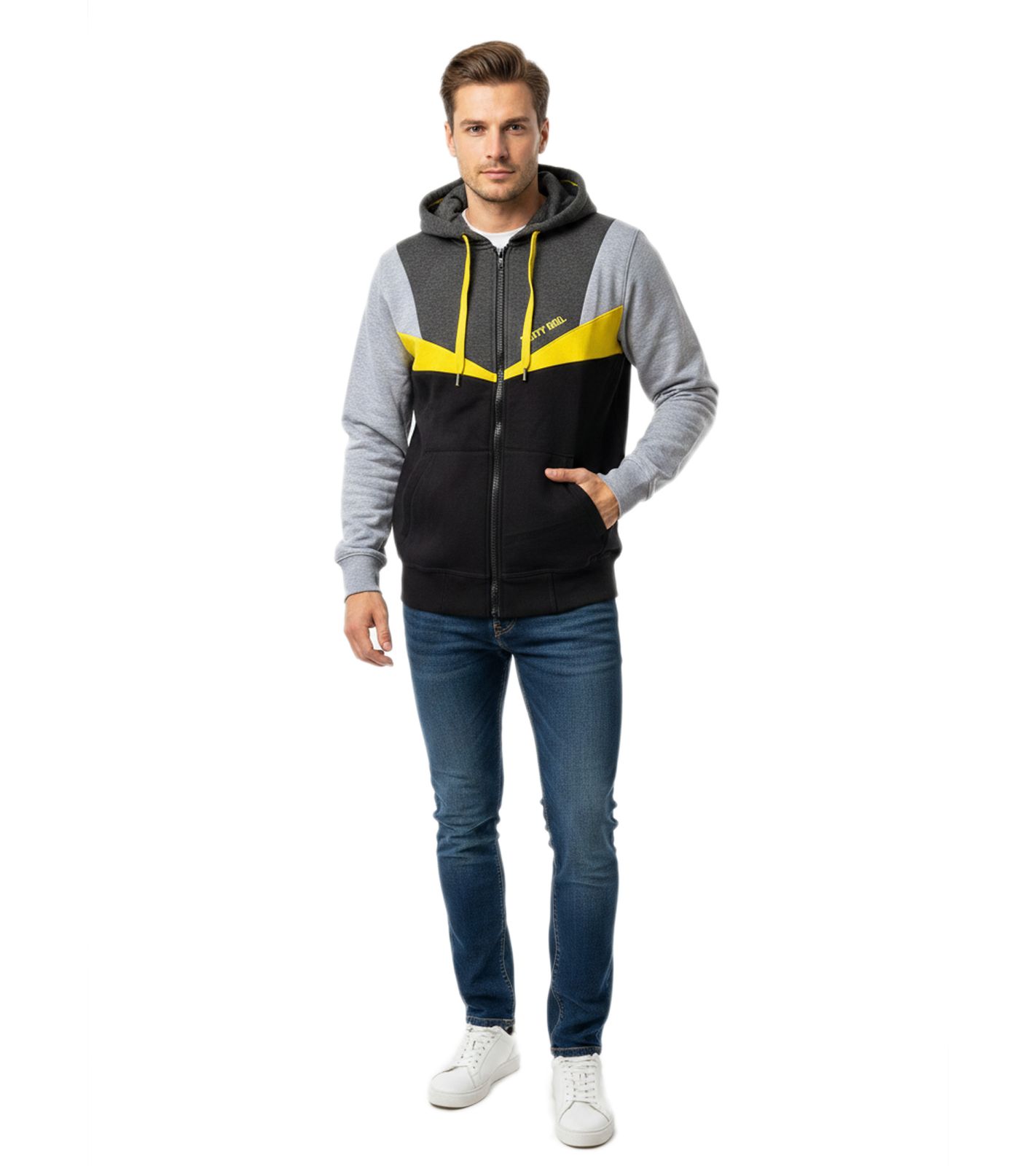 Sportliche und moderne Herren Kapuzenjacke im trendigen Colorblock-Design 19043 Grau/Schwarz/Gelb