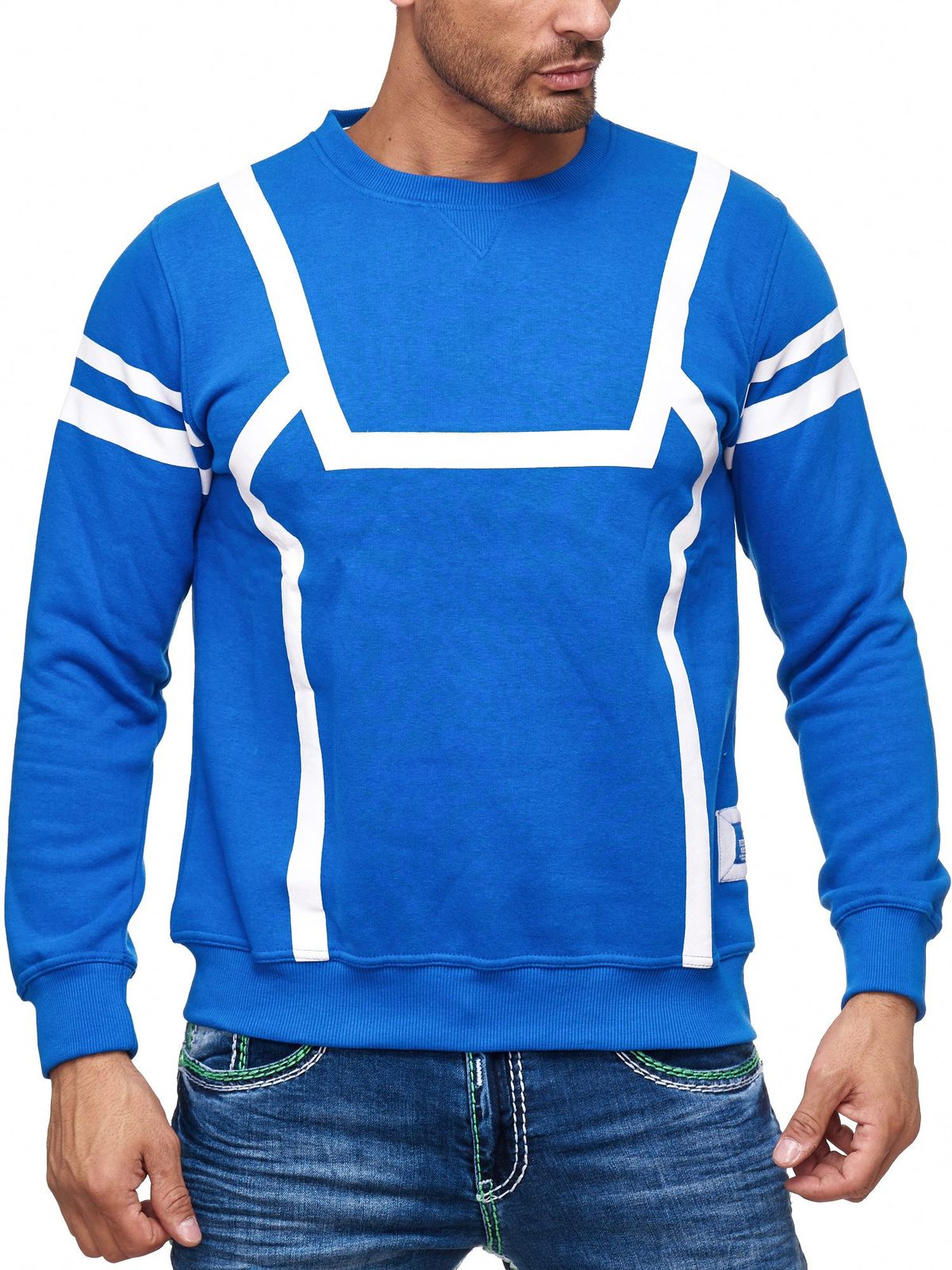 Sportlicher Herren Casual-Pullover mit Kontrastprint Rundhals-Sweater 19045 Sax-Blau