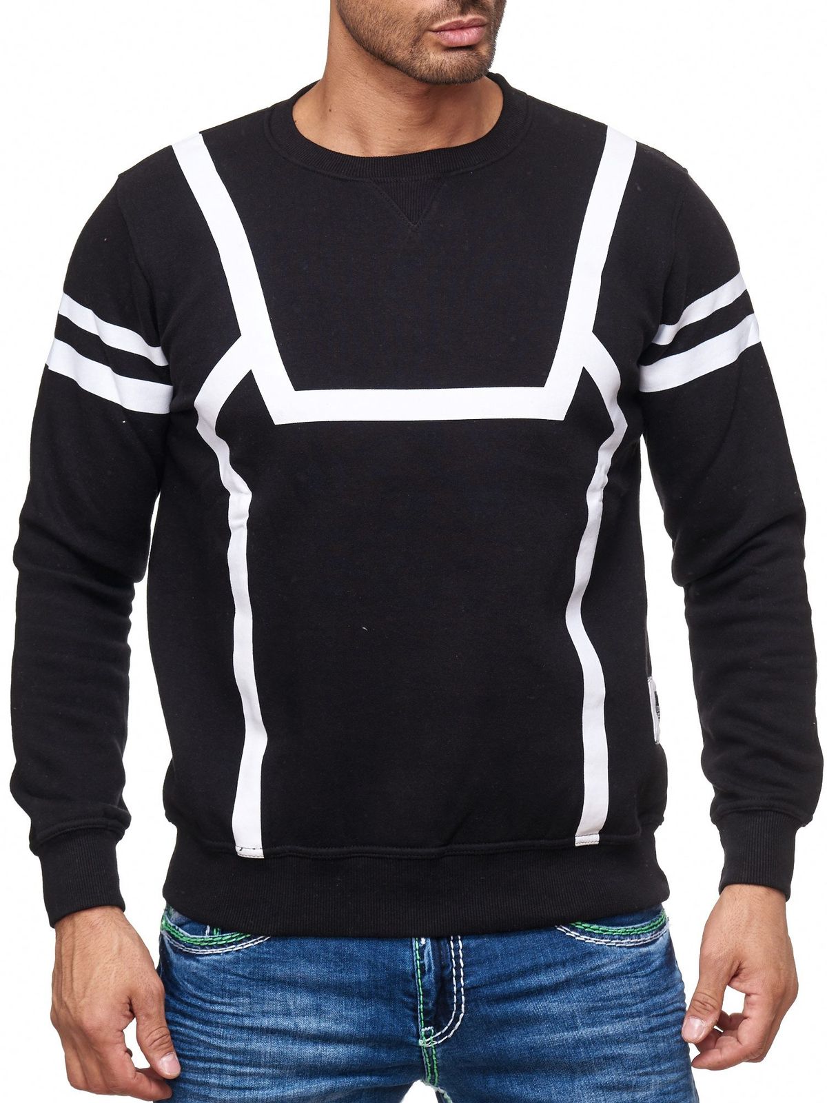 Sportlicher Herren Casual-Pullover mit Kontrastprint Rundhals-Sweater 19045 Schwarz