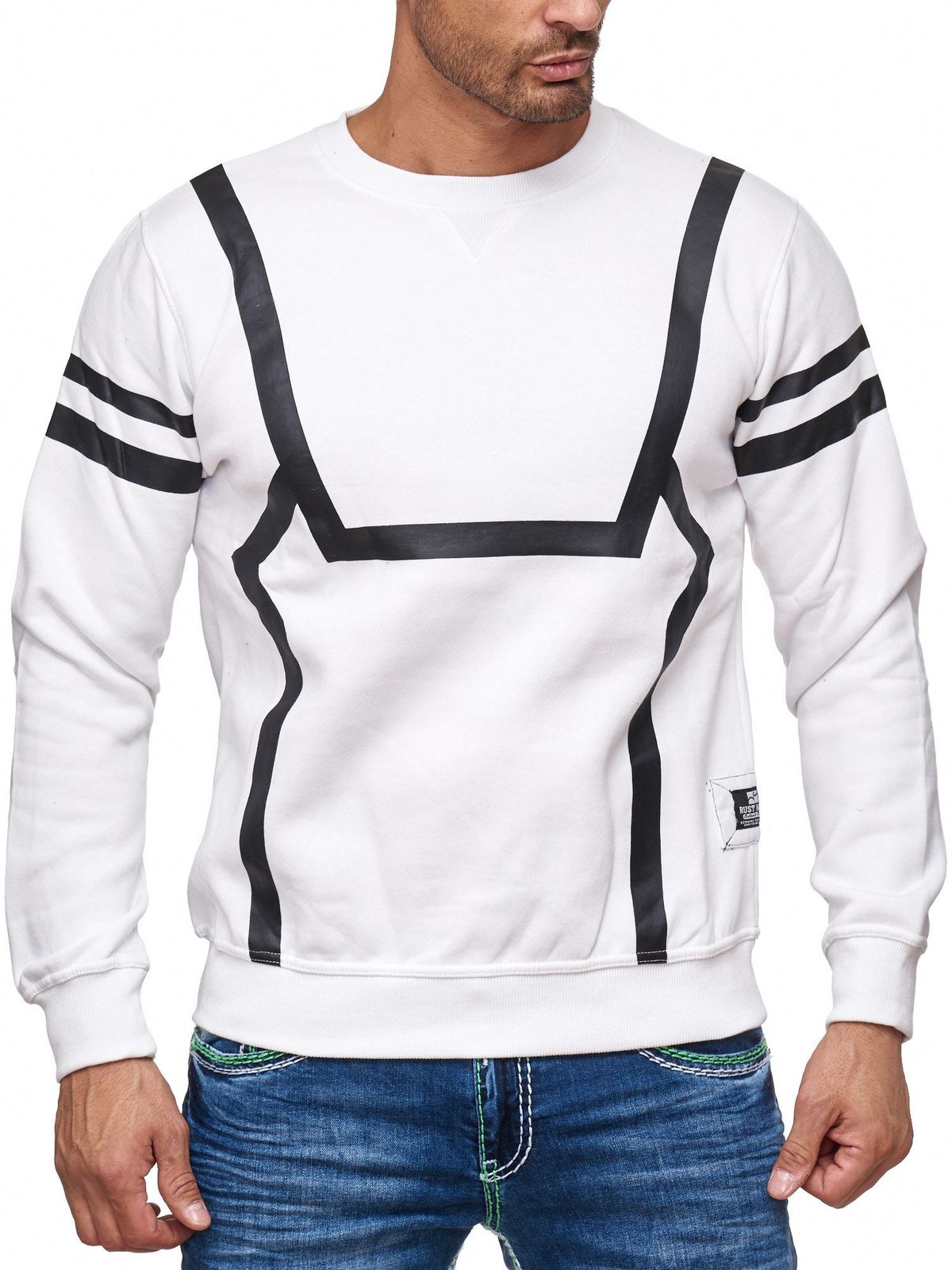 Sportlicher Herren Casual-Pullover mit Kontrastprint Rundhals-Sweater 19045 Weiß