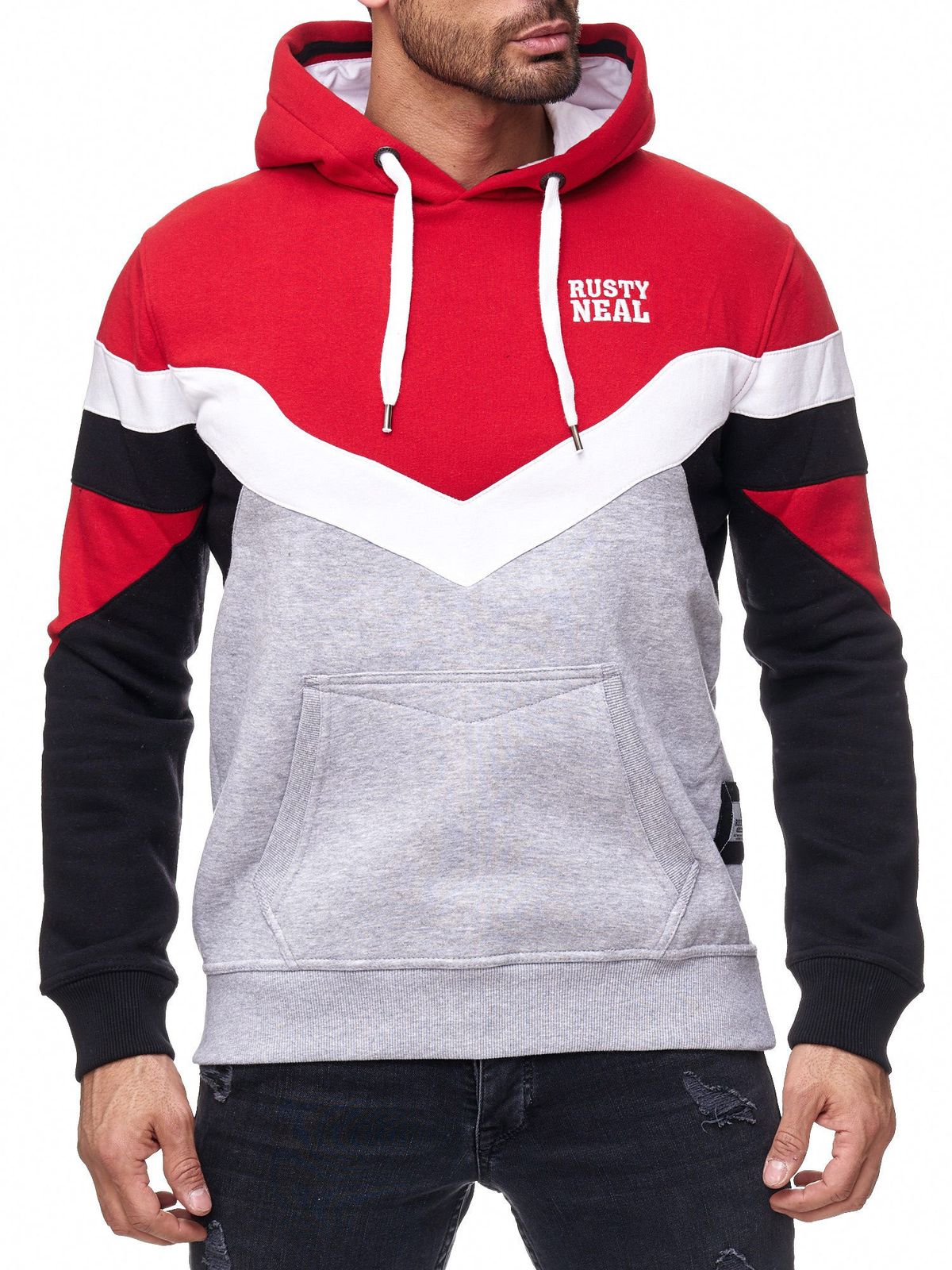 Sportlicher Herren Kapuzen-Pullover im Colorblock Design Hoodie mit Kängurutasche Sweater 19048 Rot
