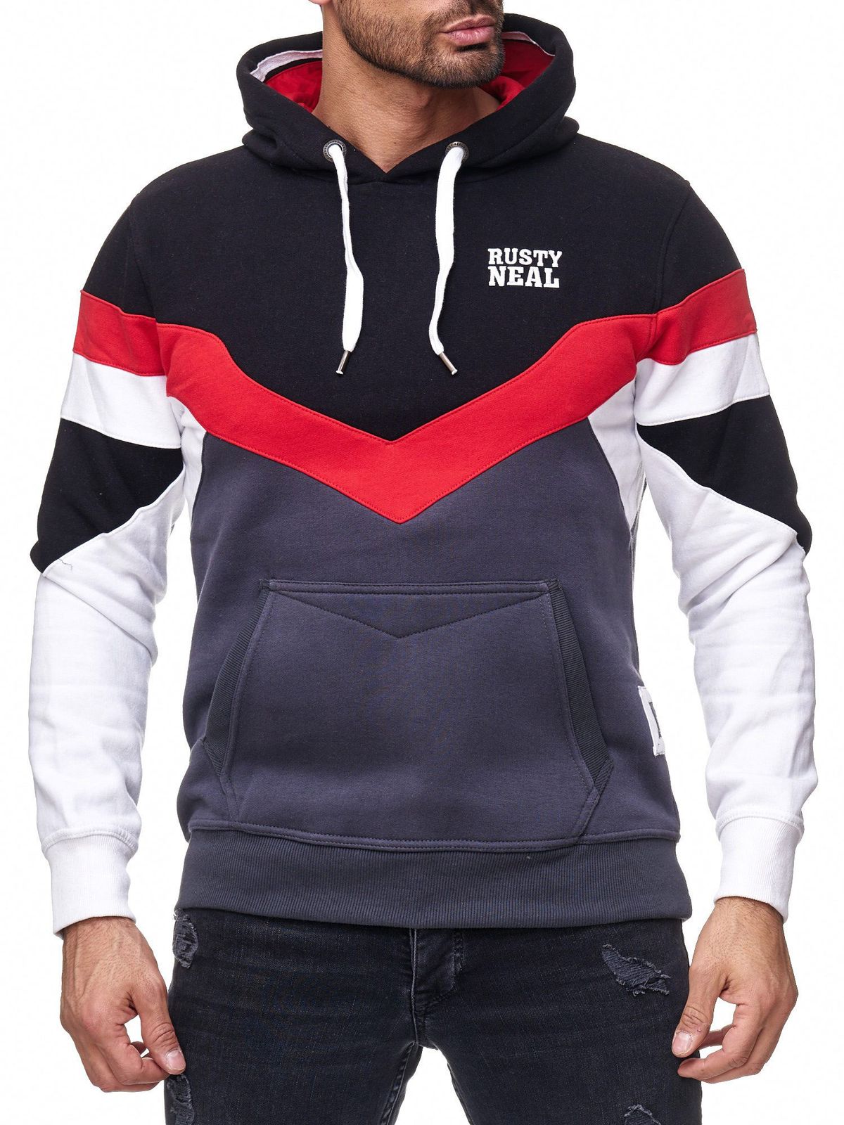 Sportlicher Herren Kapuzen-Pullover im Colorblock Design Hoodie mit Kängurutasche Sweater 19048 Schwarz