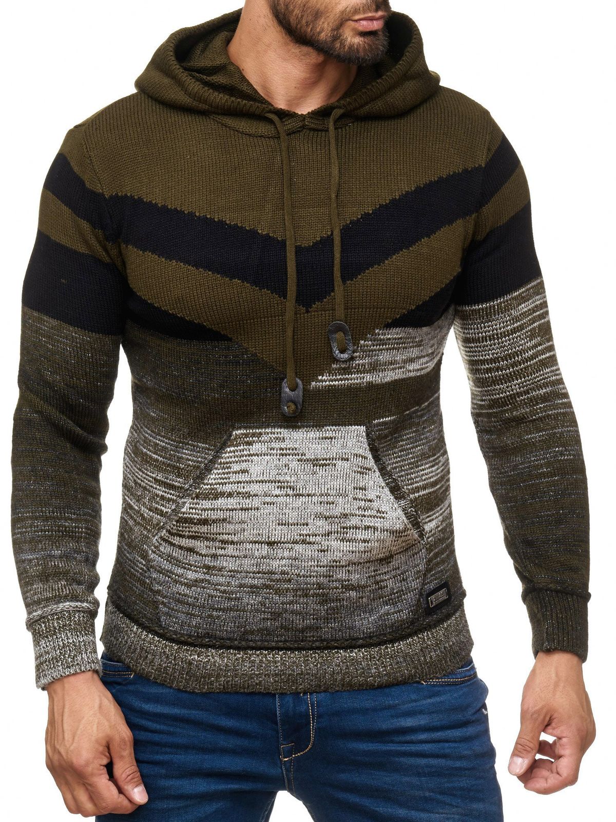 Sportlicher Herren Strick Kapuzen-Pullover im Colorblock Design Sweater mit Kängurutasche Hoodie 13311 Khaki