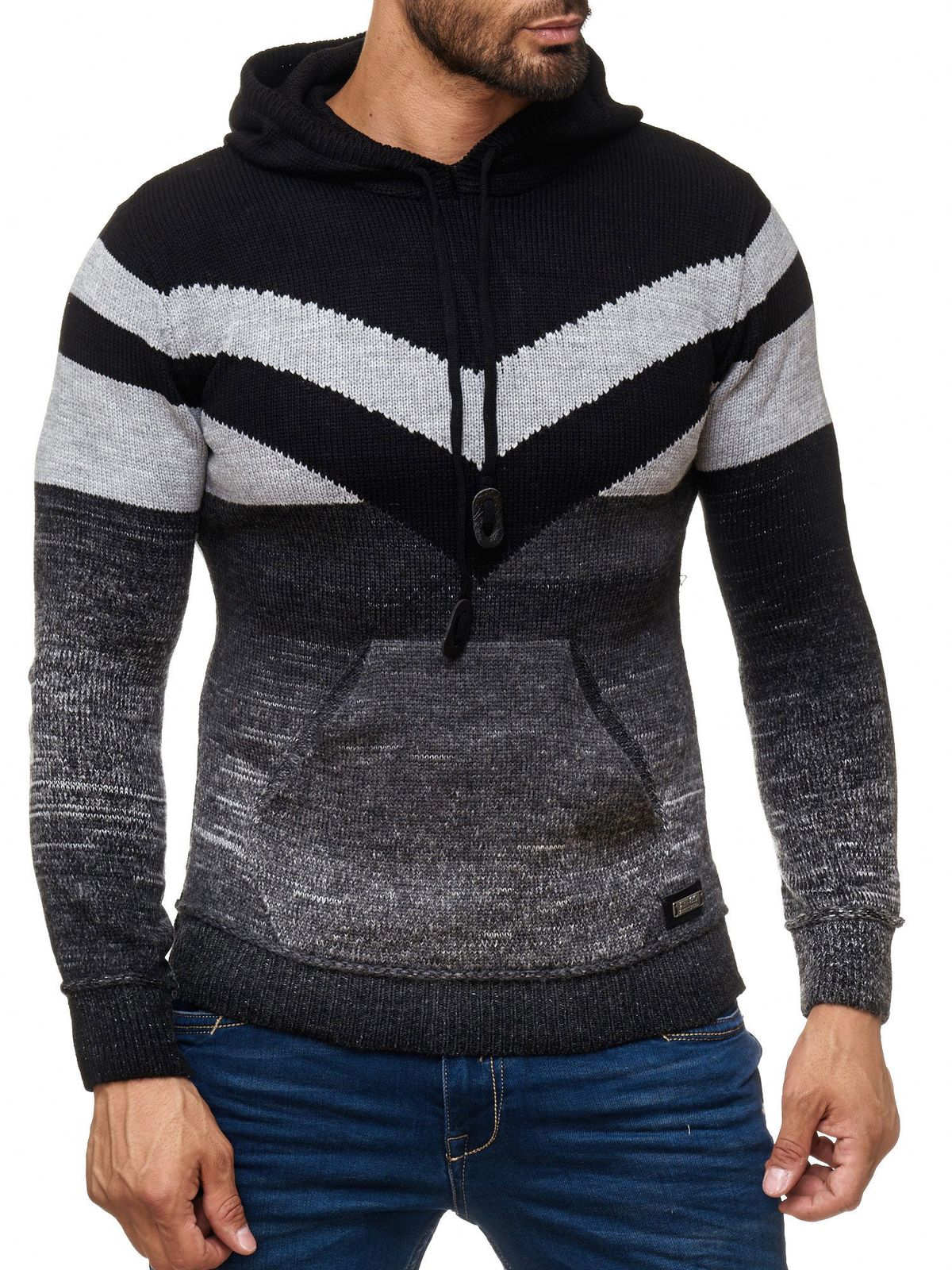 Sportlicher Herren Strick Kapuzen-Pullover im Colorblock Design Sweater mit Kängurutasche Hoodie 13311 Schwarz