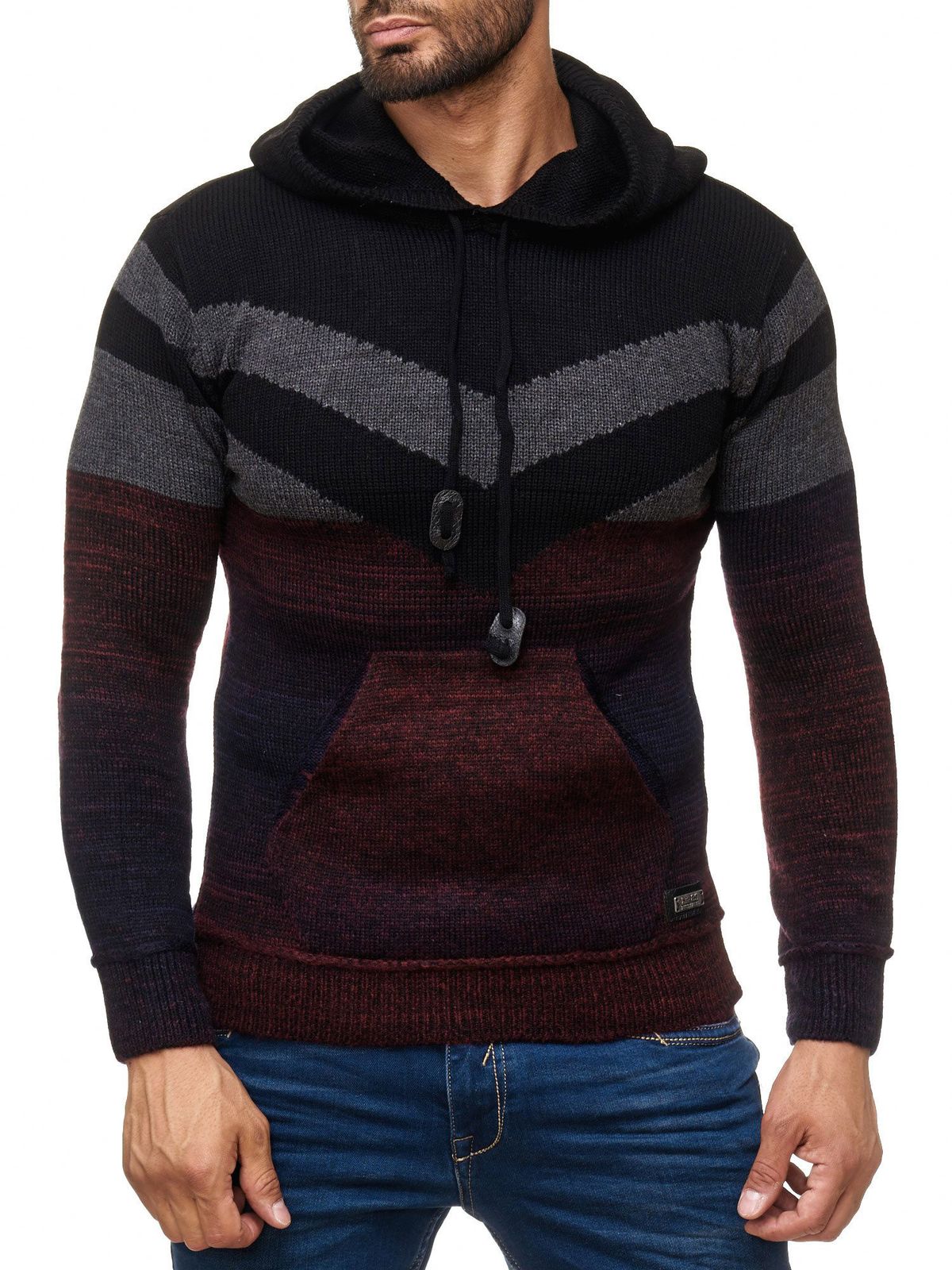 Sportlicher Herren Strick Kapuzen-Pullover im Colorblock Design Sweater mit Kängurutasche Hoodie 13311 Weinrot