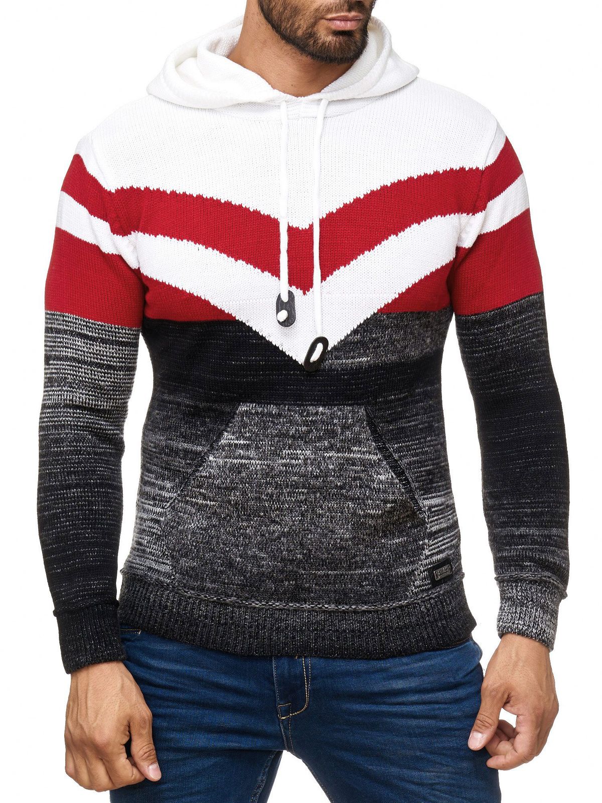Sportlicher Herren Strick Kapuzen-Pullover im Colorblock Design Sweater mit Kängurutasche Hoodie 13311 Weiß
