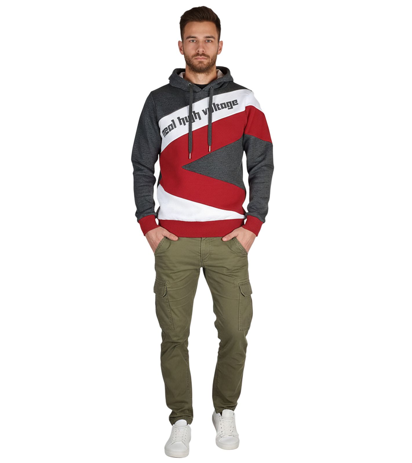 Sportlicher Hoodie für Herren im Color-Blocking-Style Kapuzen-Pullover Sweater 4727 Dunkelgrau/Weiß/Rot