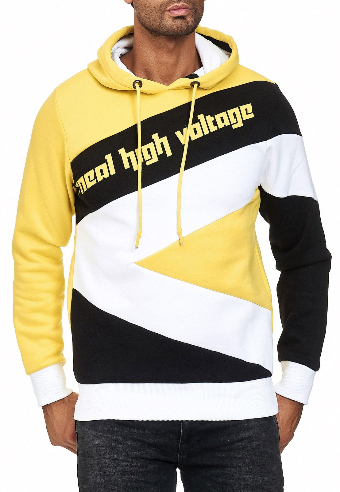 Sportlicher Hoodie für Herren im Color-Blocking-Style Kapuzen-Pullover Sweater 4727 Gelb/Schwarz/Weiß