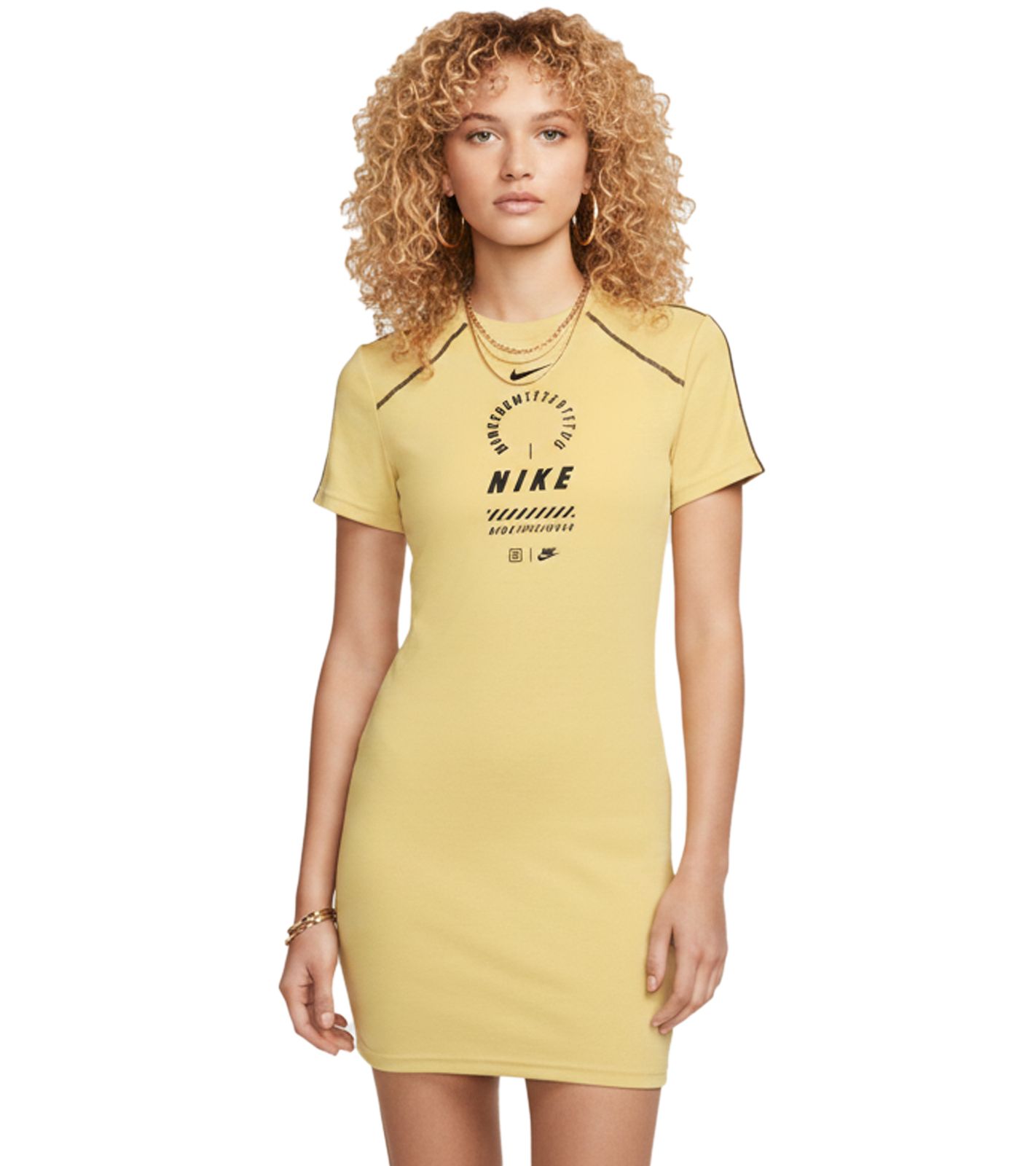 sportliches NIKE Damen Kurzarm-Kleid mit Logo-Print Baumwoll-Kleid HF5955-700 Gelb