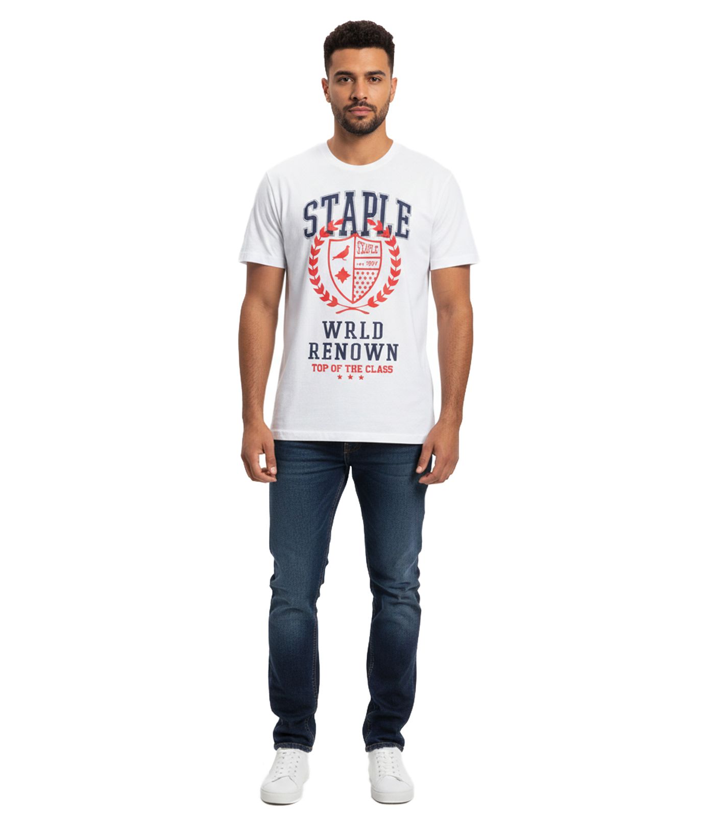STAPLE Loyola Herren Baumwoll-Shirt mit großem Frontprint T-Shirt Rundhals-Shirt 2208C7017 Weiß/Schwarz/Rot