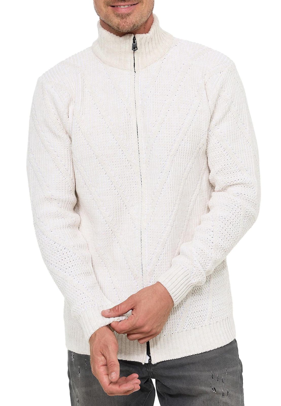 Stilvolle Herren Strick-Jacke mit Stehkragen Grobstrick-Sweatjacke 13446 Ecru