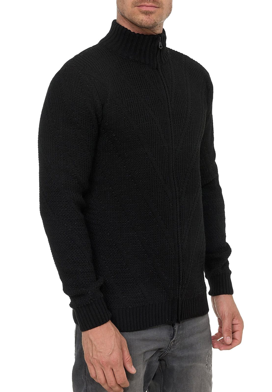 Stilvolle Herren Strick-Jacke mit Stehkragen Grobstrick-Sweatjacke 13446 Schwarz