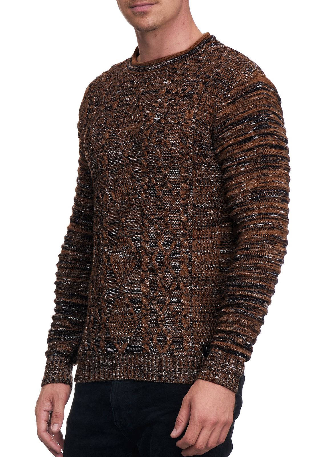 Stilvoller Herren Biker Rundhals-Pullover Grobstrick-Sweater 13357 Camel