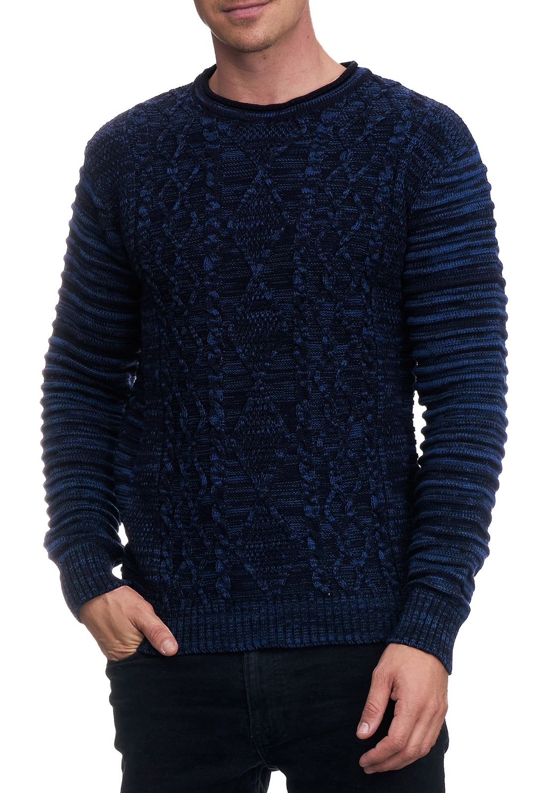 Stilvoller Herren Biker Rundhals-Pullover Grobstrick-Sweater 13357 Marine