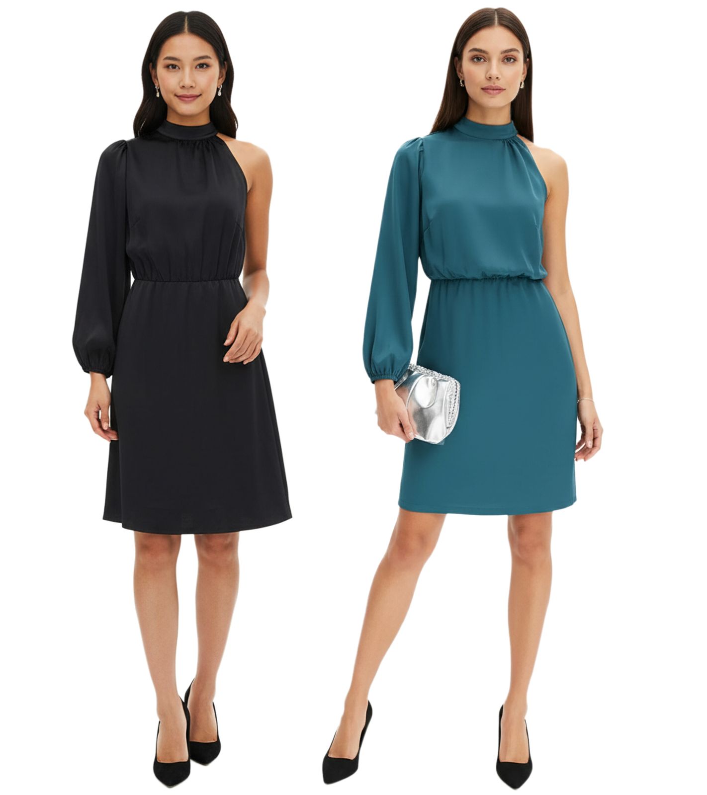 Stilvolles Damen One-Shoulder-Kleid aus glänzendem Satin Ausgeh-Kleid 925469 in Grün oder 919324 in Schwarz