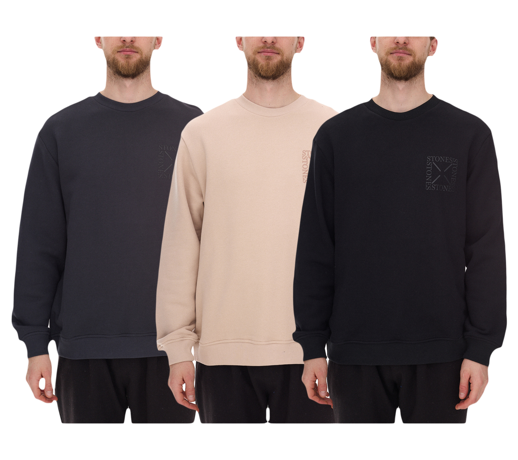 STONES Herren Basic-Pullover moderner Baumwoll-Sweater Sweatshirt Langarm-Shirt 400gsm in Dunkelgrau, Schwarz oder Beige