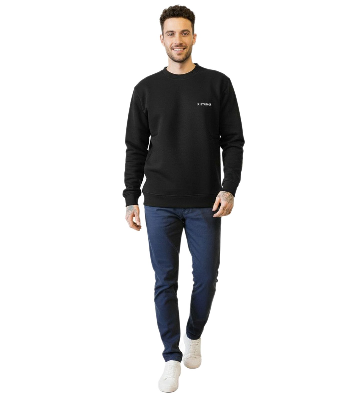 STONES Herren Basic-Pullover moderner Baumwoll-Sweater Sweatshirt mit Logo-Stickerei Langarm-Shirt 400gsm Schwarz