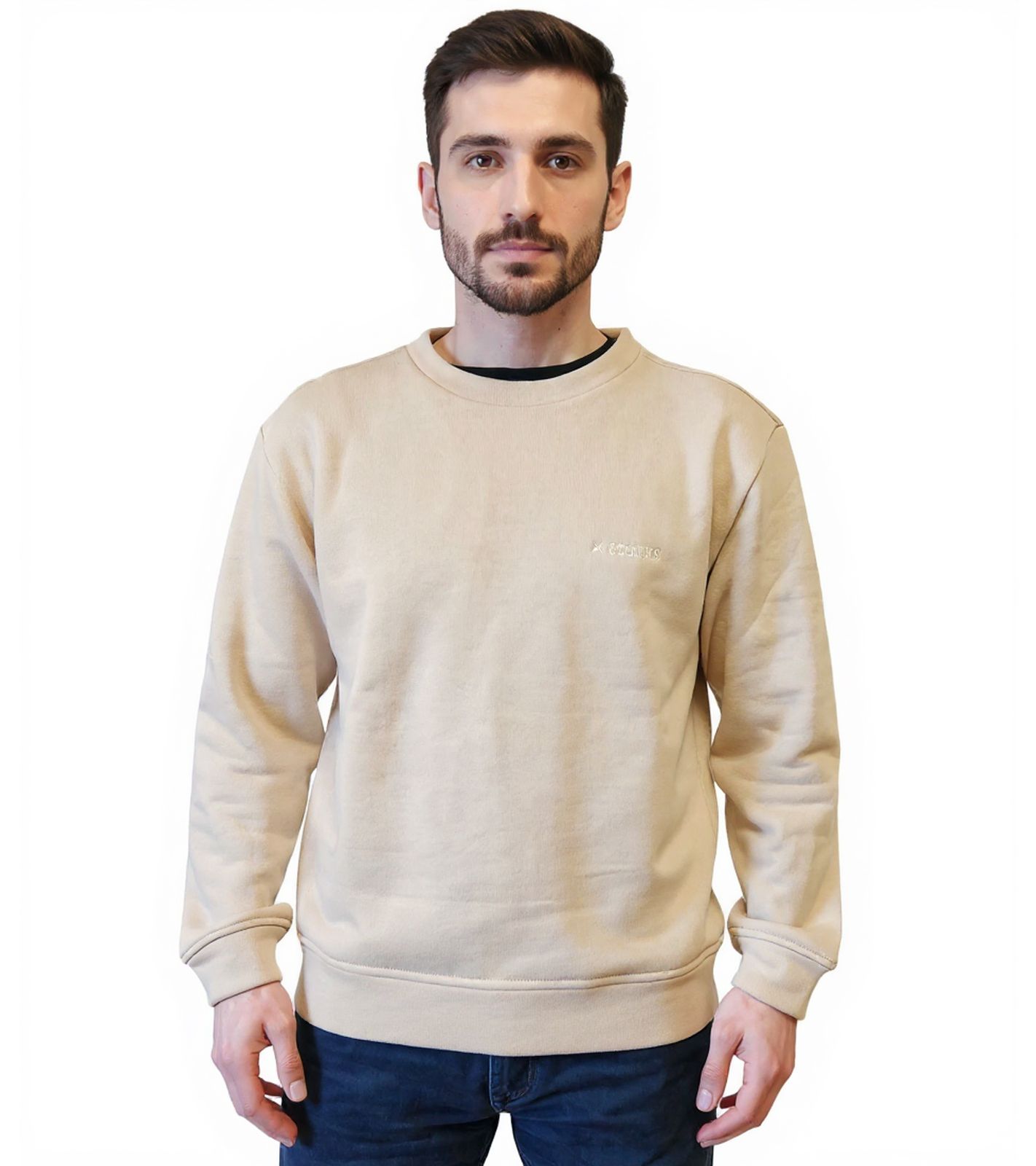 STONES Herren Basic-Pullover Sweatshirt mit Logo-Stickerei moderner Baumwoll-Sweater Langarm-Shirt 400gsm Beige