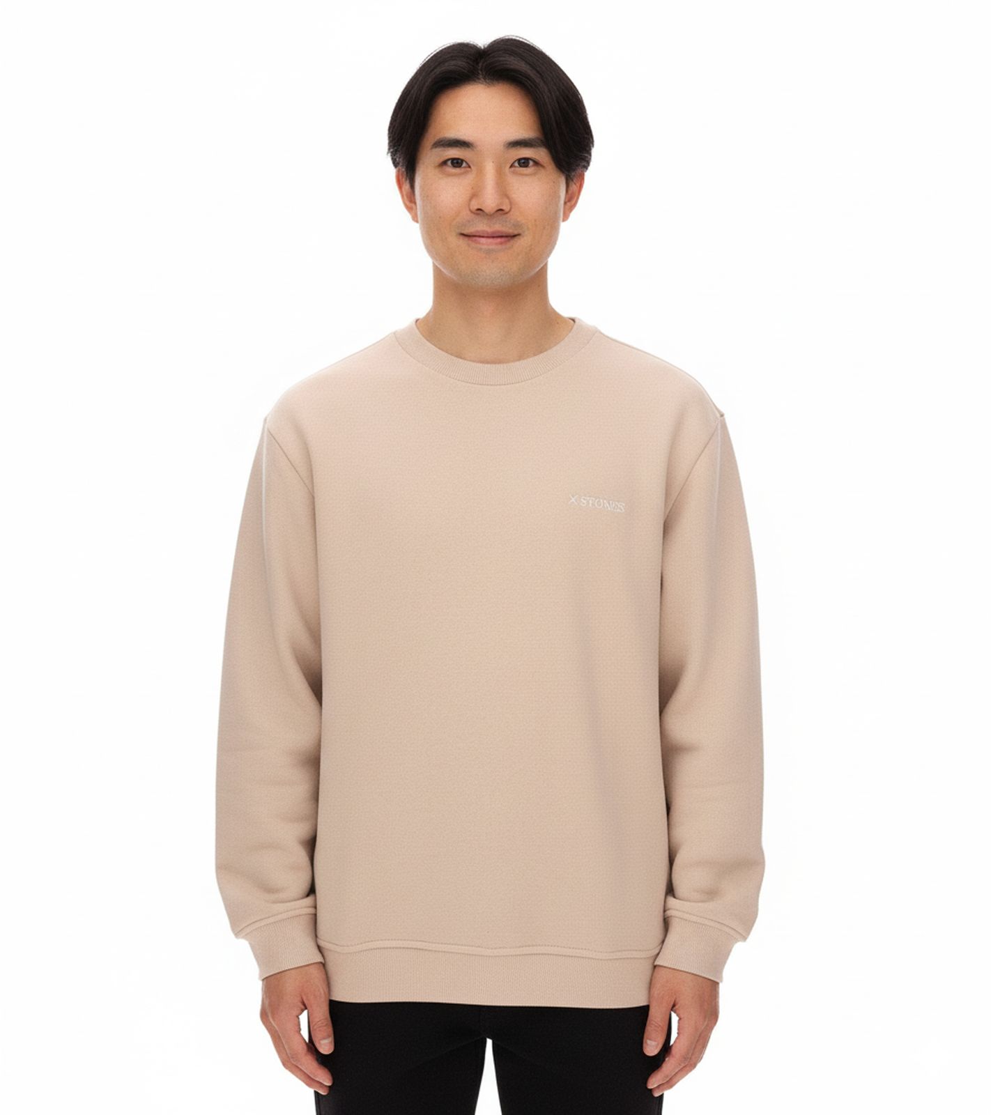 STONES Herren Oversized-Pullover moderner Baumwoll-Sweater mit Rundhals-Ausschnitt Sweatshirt 400gsm mit Logo-Stick Beige