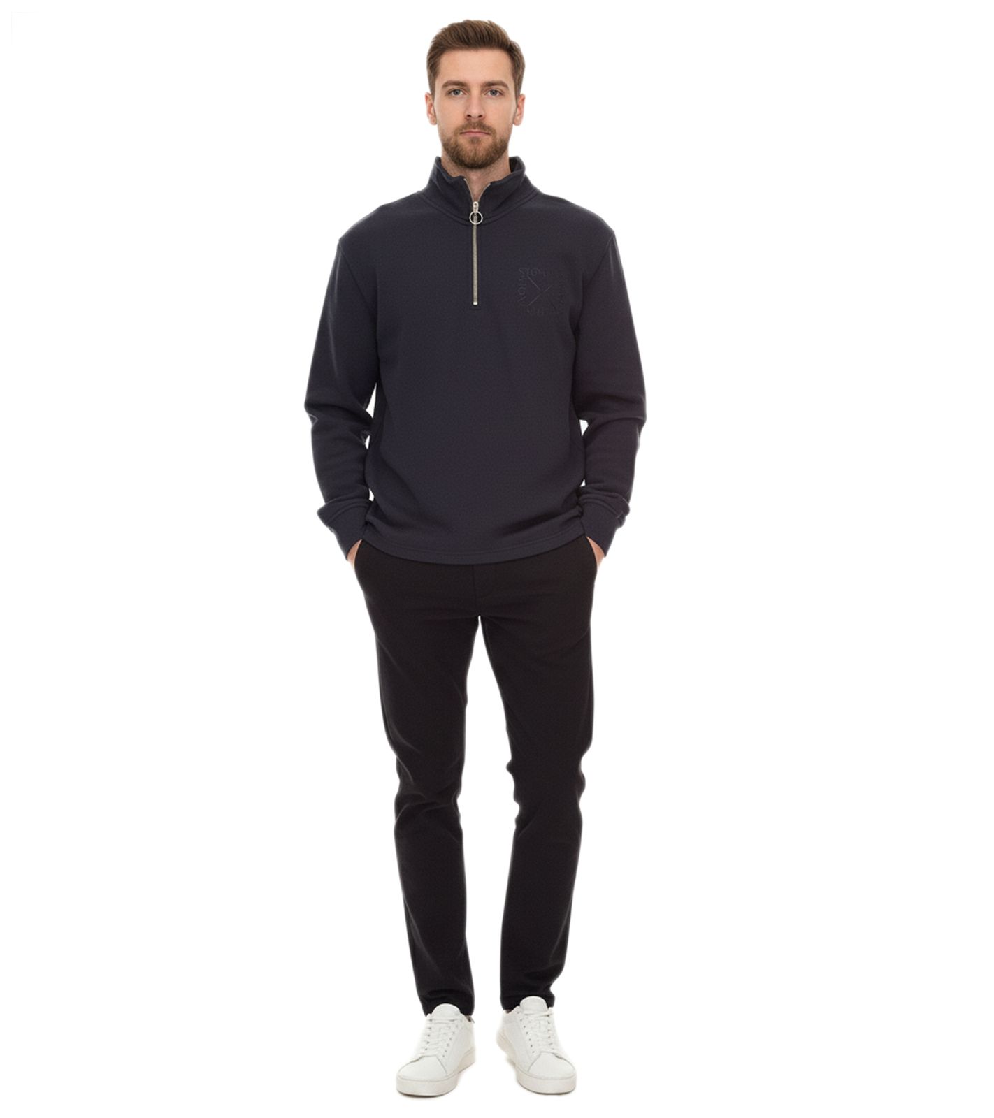 STONES Herren Pullover Oversized-Half-Zipper moderner Baumwoll-Half-Zipper Troyer 400gsm mit Stehkragen mit Logo-Stickerei Dunkel-Grau
