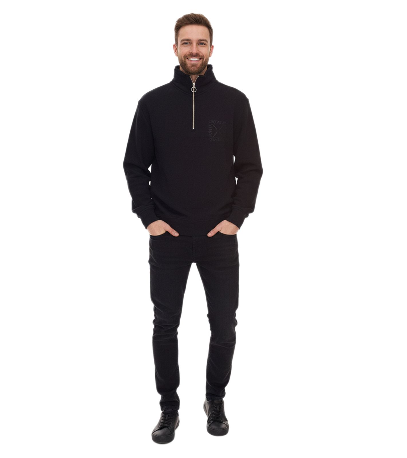 STONES Herren Pullover Oversized-Zipper moderner Baumwoll-Zipper Troyer 400gsm mit Stehkragen mit Logo-Stickerei Schwarz