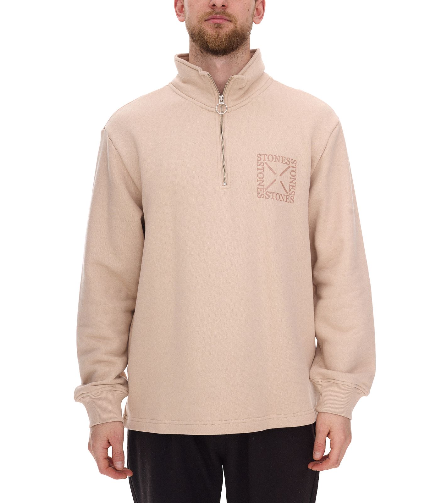 STONES Herren Sweater mit Reißverschluss moderner Troyer-Pullover mit Stehkragen Baumwoll-Pullover 400gsm mit Logo-Stick Oversized-Fit Beige