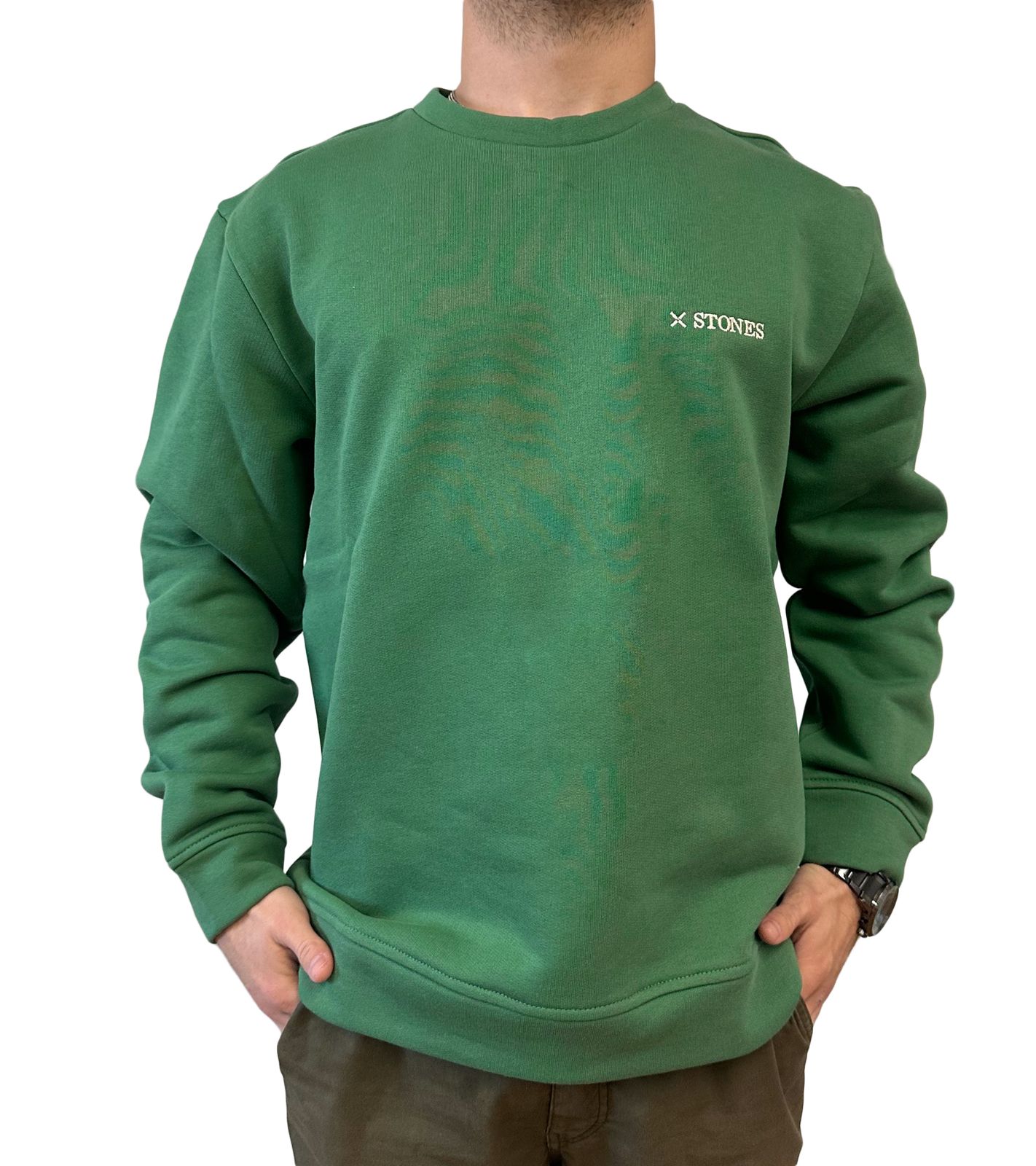 STONES Herren Sweatshirt aus Baumwolle cooler Oversized Pullover 400gsm modernes Shirt mit Rundhals und Stick-Logo Grün