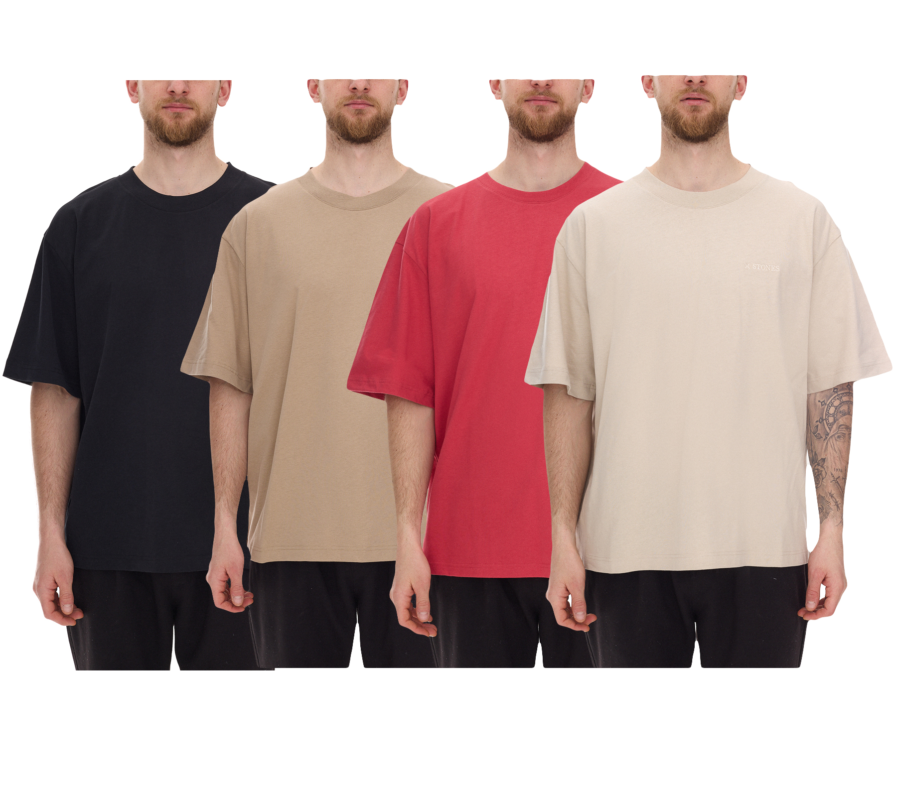 STONES Herren T-Shirt schlichtes Baumwoll-Shirt mit Rundhals und Stick-Logo Kurzarm-Shirt 240gsm Oversized Rot, Schwarz, Beige oder Hellbraun