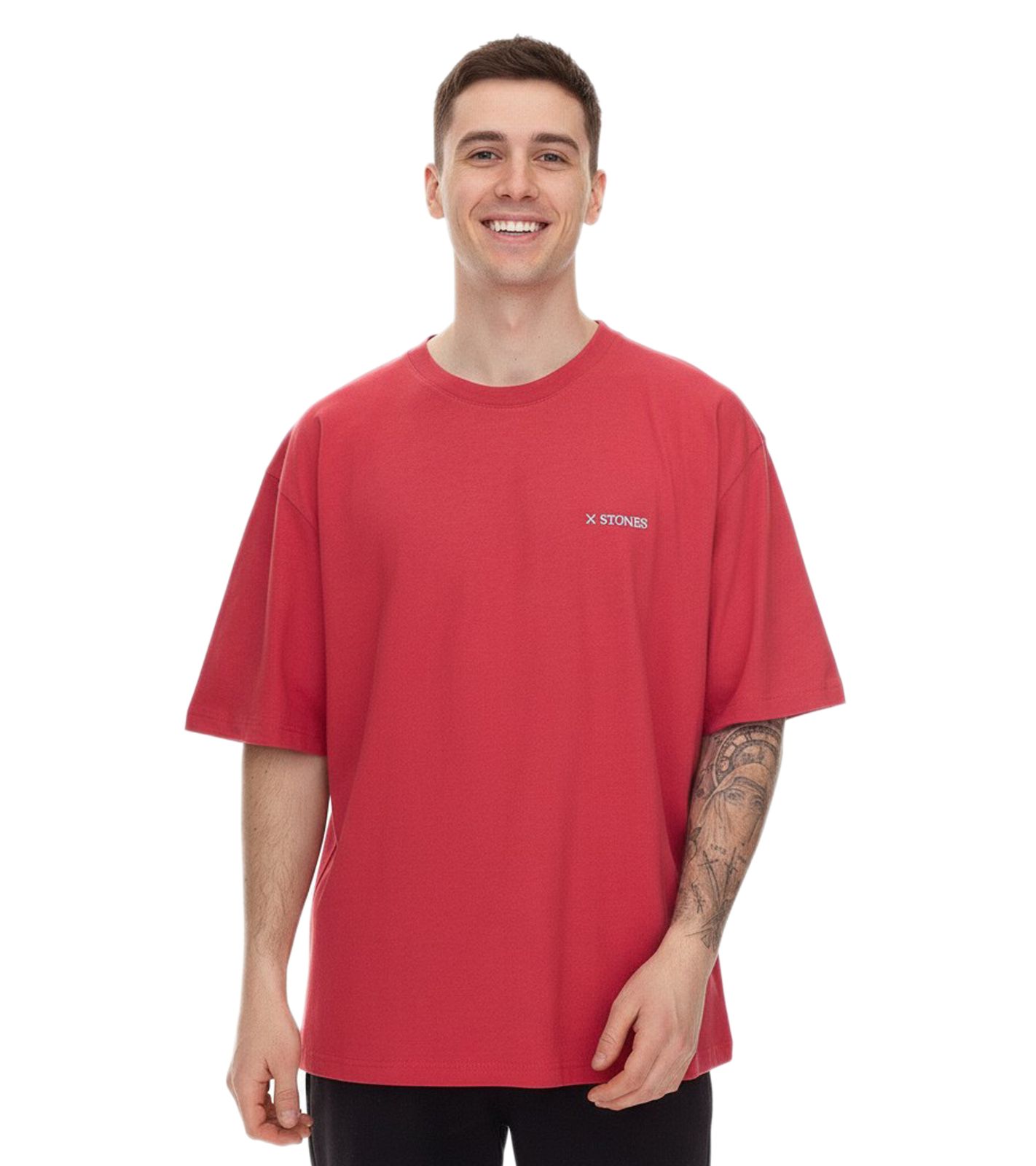 STONES Herren T-Shirt schlichtes Baumwoll-Shirt mit Rundhals und Stick-Logo Kurzarm-Shirt 240gsm Oversized Rot