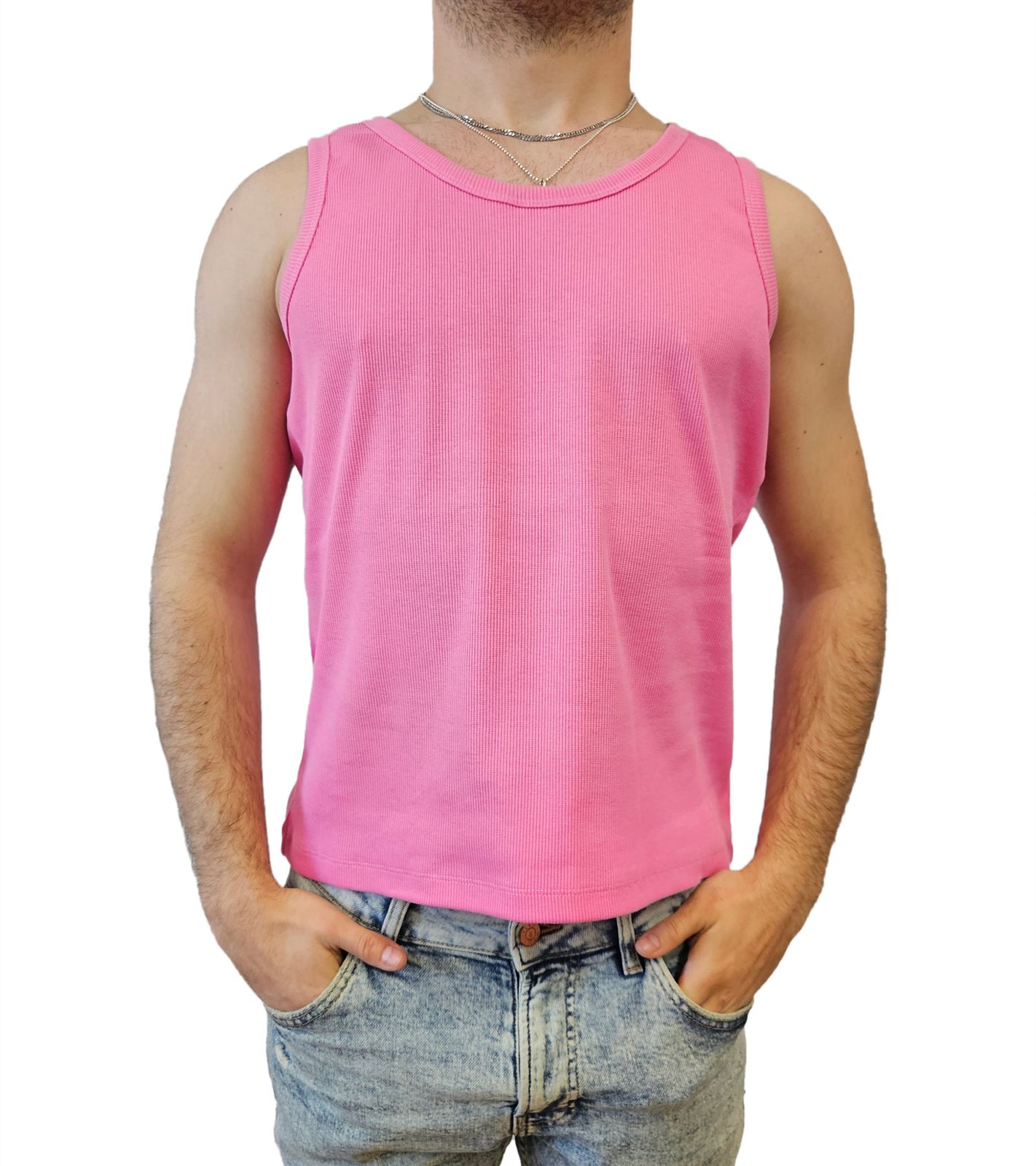 STONES Herren Tank Top geripptes Baumwoll-Shirt Basic-Top Rundhals-Top Achsel-Shirt Unterhemd Pink