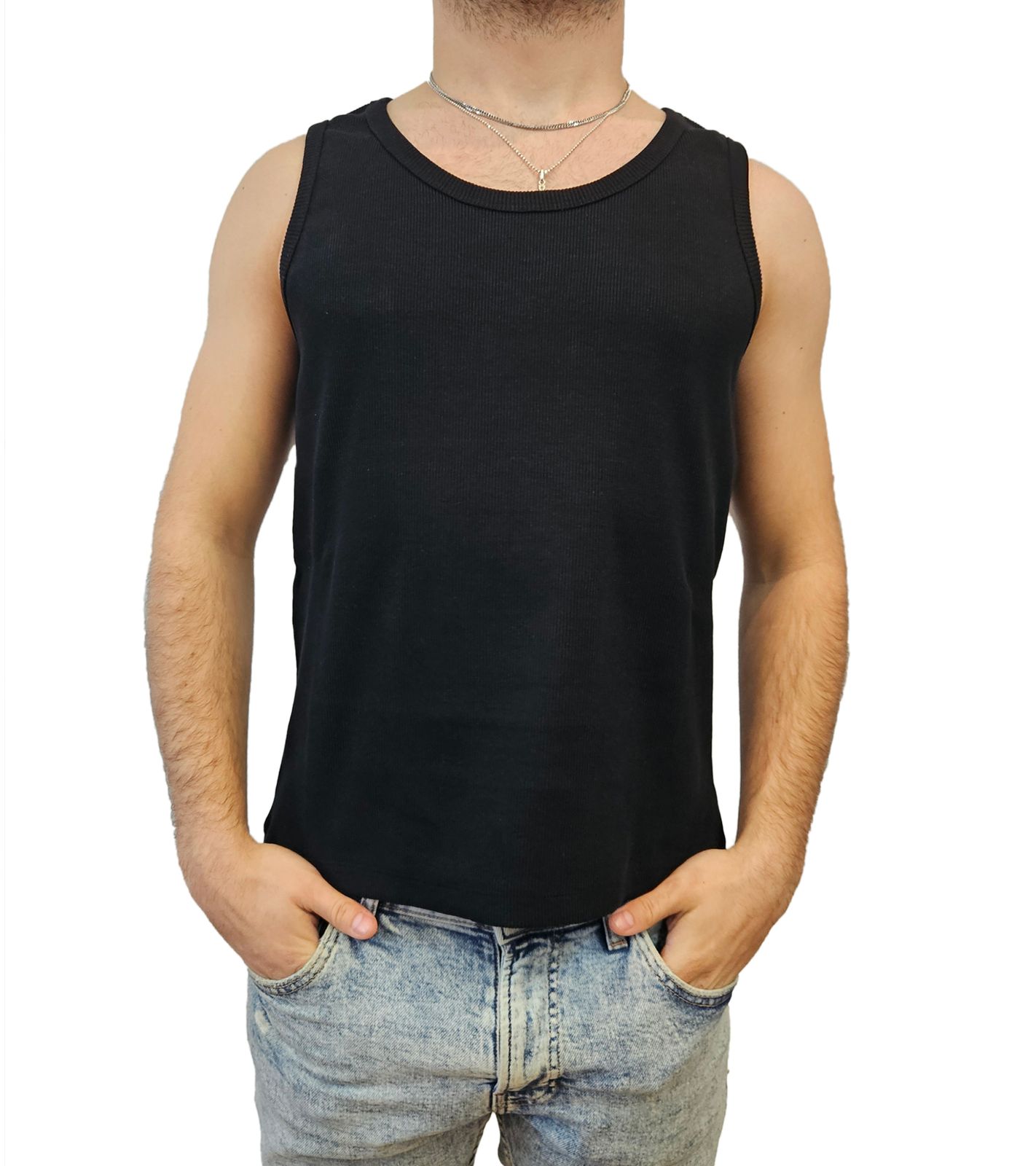 STONES Herren Tank Top geripptes Baumwoll-Shirt Basic-Top Rundhals-Top Achsel-Shirt Unterhemd Schwarz