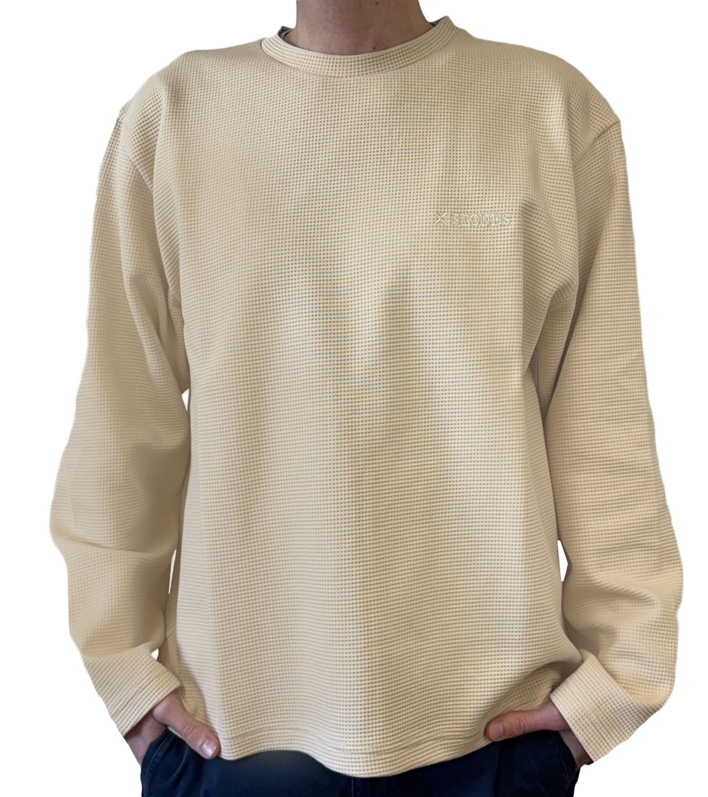 STONES Waffle Herren Pullover aus Baumwolle in Waffel-Optik Oversized-Sweater mit Rundhals-Ausschnitt 400gsm Sweatshirt Beige