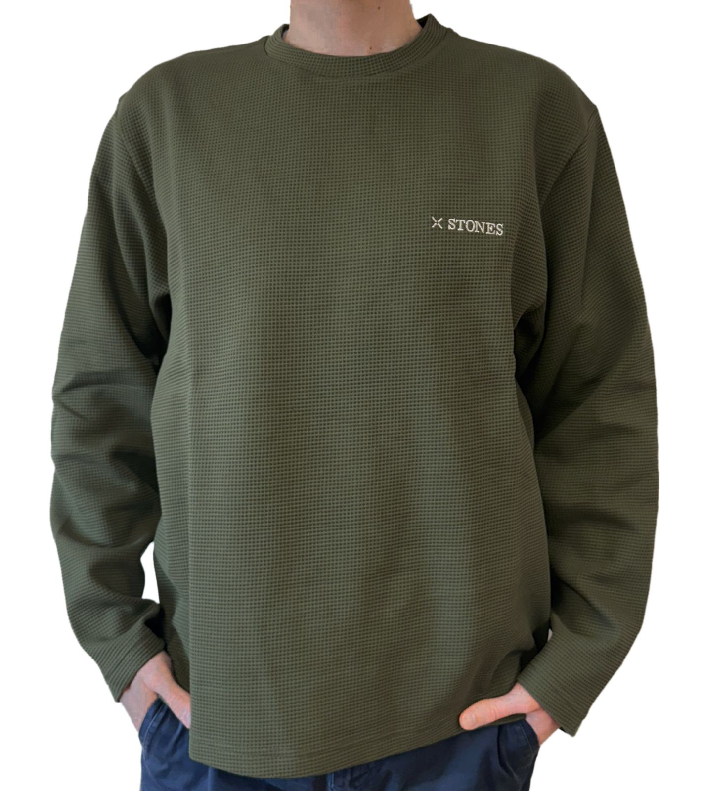 STONES Waffle Herren Sweat-Shirt aus Baumwolle in Waffel-Optik Oversized-Pullover mit Rundhals-Ausschnitt 400gsm Longsleeve Khaki