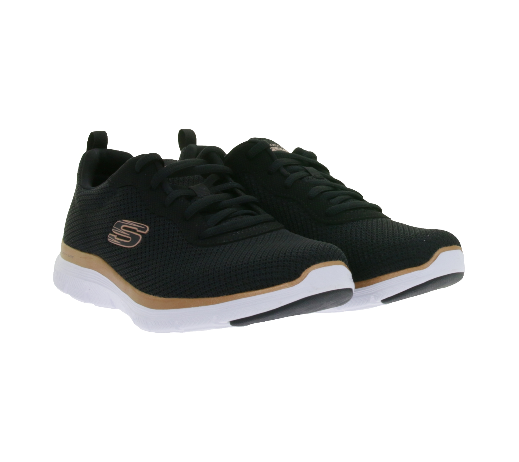 stoßdämpfende SKECHERS Flex Appeal 4.0 Damen Turn-Schuhe mit Air-Cooled Memory Foam Low Sneaker mit Logo-Patch Sport-Schuhe 149303-BKRG Schwarz/Weiß/Rosegold