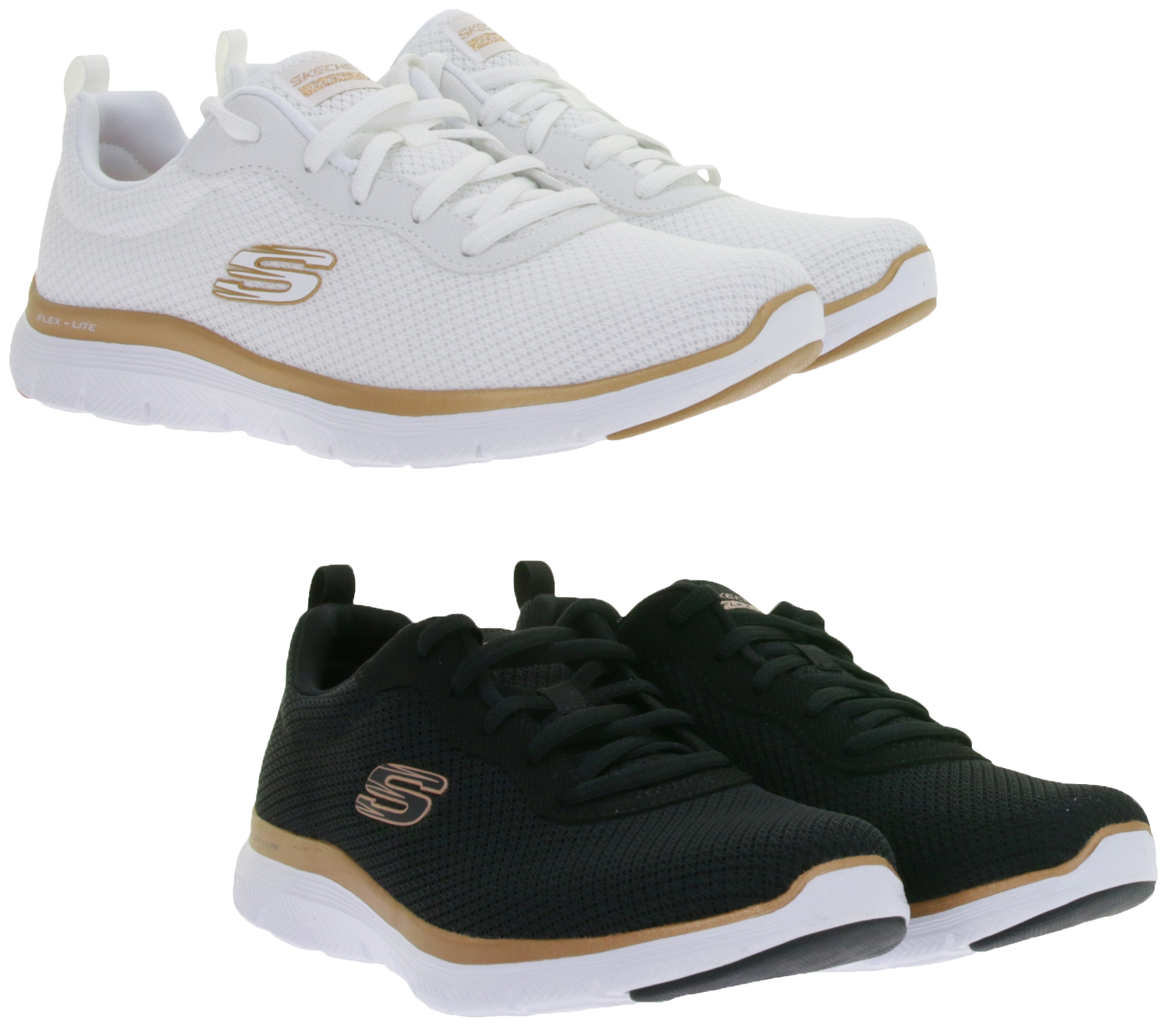 stoßdämpfende SKECHERS Flex Appeal 4.0 Damen Turn-Schuhe mit Air-Cooled Memory Foam Low Sneaker mit Logo-Patch Sport-Schuhe 149303 Schwarz/Rosegold oder Weiß/Rosegold