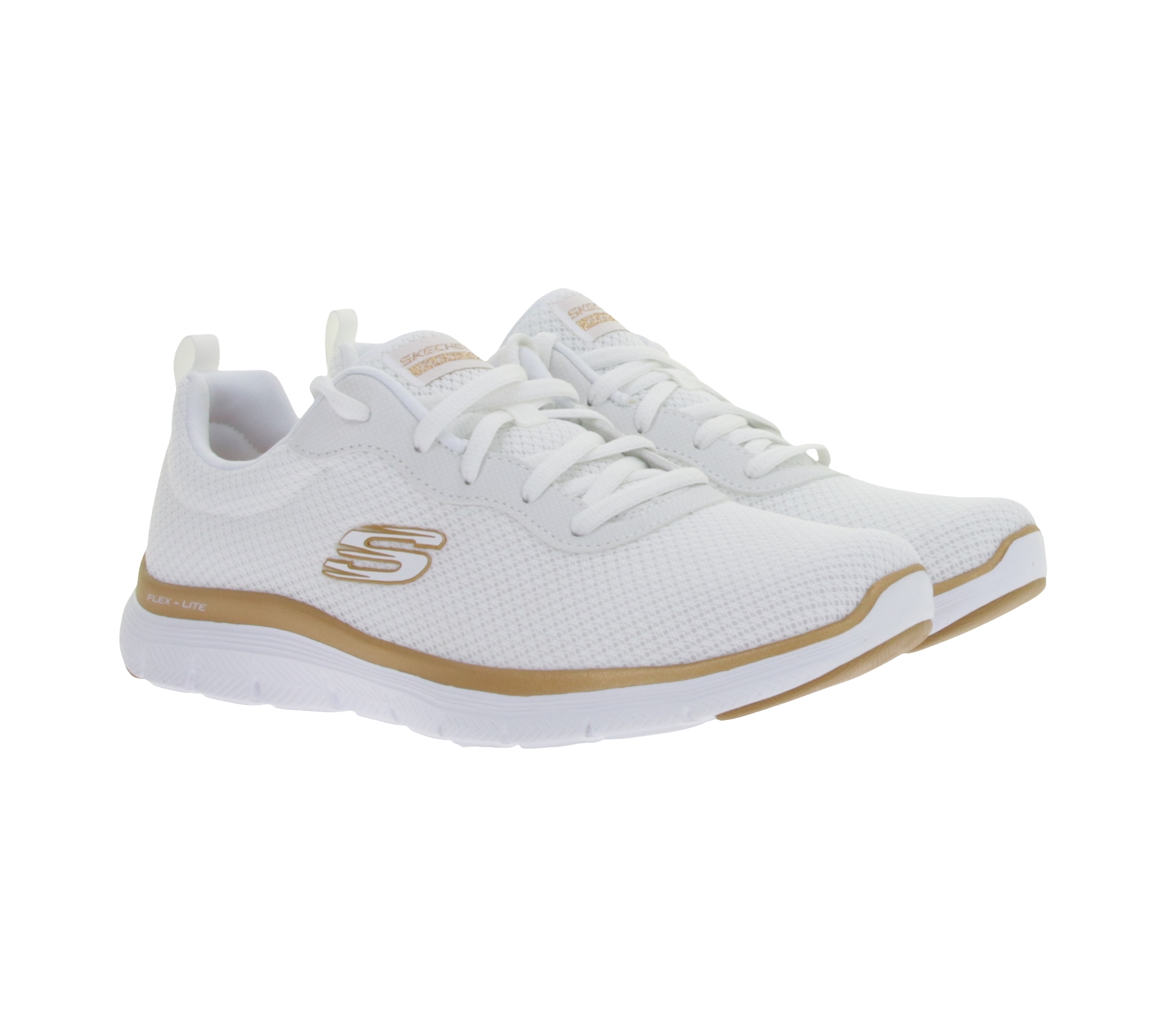 stoßdämpfende SKECHERS Flex Appeal 4.0 Damen Turn-Schuhe mit Air-Cooled Memory Foam Low Sneaker mit Logo-Patch Sport-Schuhe 149303-WTRG Weiß/Rosegold