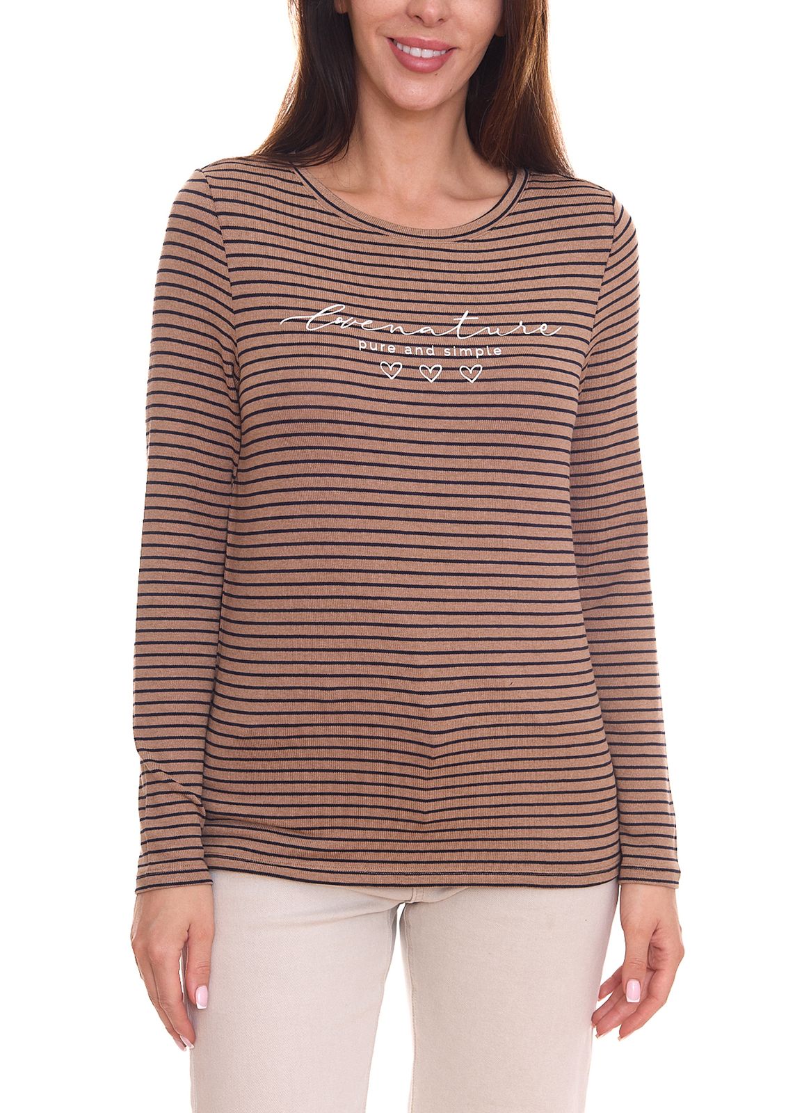 Street One Damen Langarm-Shirt gestreifter Pullover mit Schriftzug auf der Front 23254627 Braun