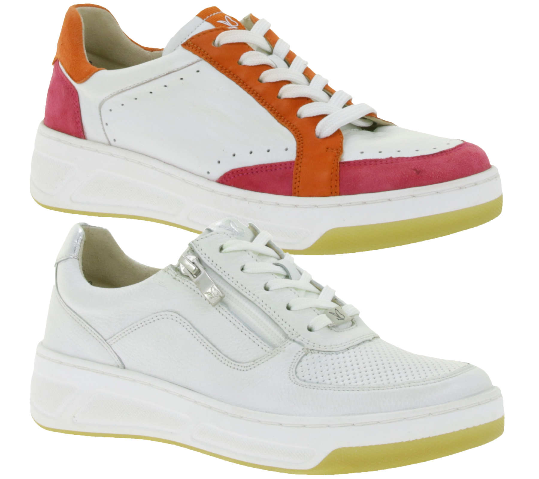 Stylische CAPRICE Damen Sneaker mit hochwertigem Leder - CAP Climo FB schlicht Weiß oder Weiß/Bunt im Layer-Look
