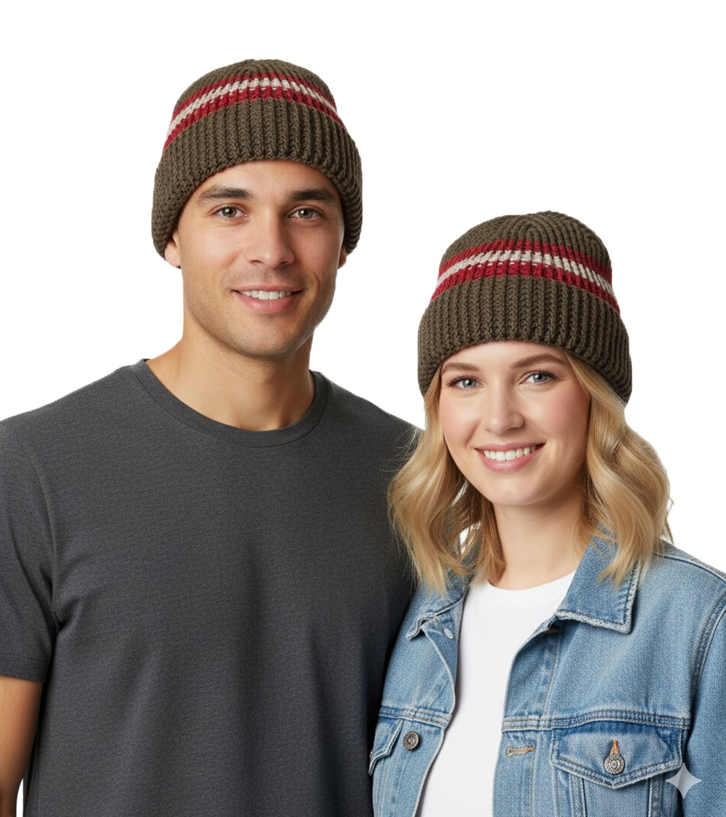 Stylische Häkel-Mütze Winter-Mütze weiche Strick-Mütze mit Streifen Baumwoll-Mütze 7313GUY Olivgrün/Rot/Weiß