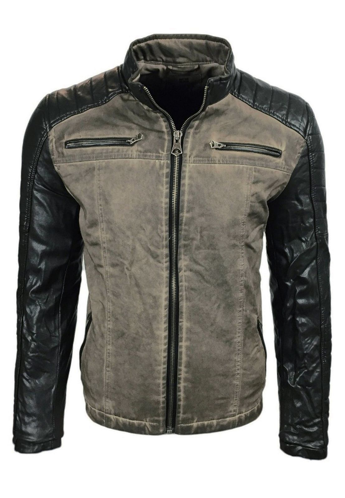 Stylische Herren Biker-Jacke Washed Look Kunstleder Ärmel Slim Fit Übergangs-Jacke 8834 Beige