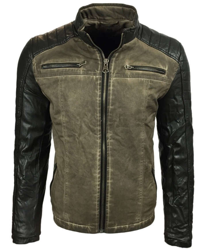 Stylische Herren Biker-Jacke Washed Look Kunstleder Ärmel Slim Fit Übergangs-Jacke 8834 Khaki