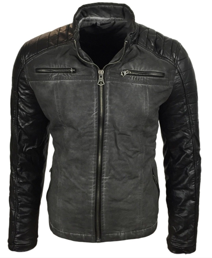 Stylische Herren Biker-Jacke Washed Look Kunstleder Ärmel Slim Fit Übergangs-Jacke 8834 Schwarz