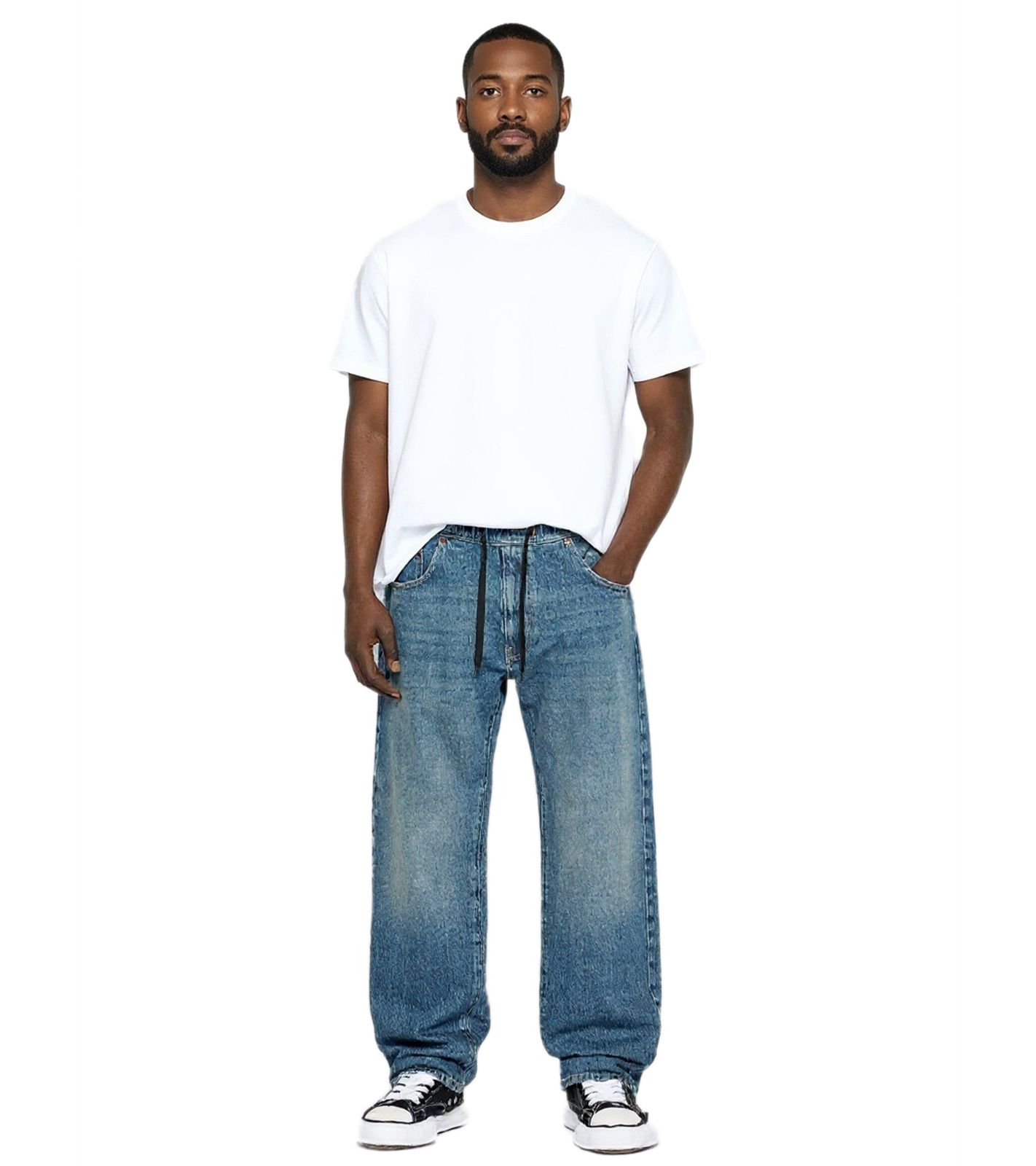 stylische Herren Jeans im Jogger-Stil Denim-Hose Baggy Leg mit Bindeband BR-12000-201 Dunkel-Blau