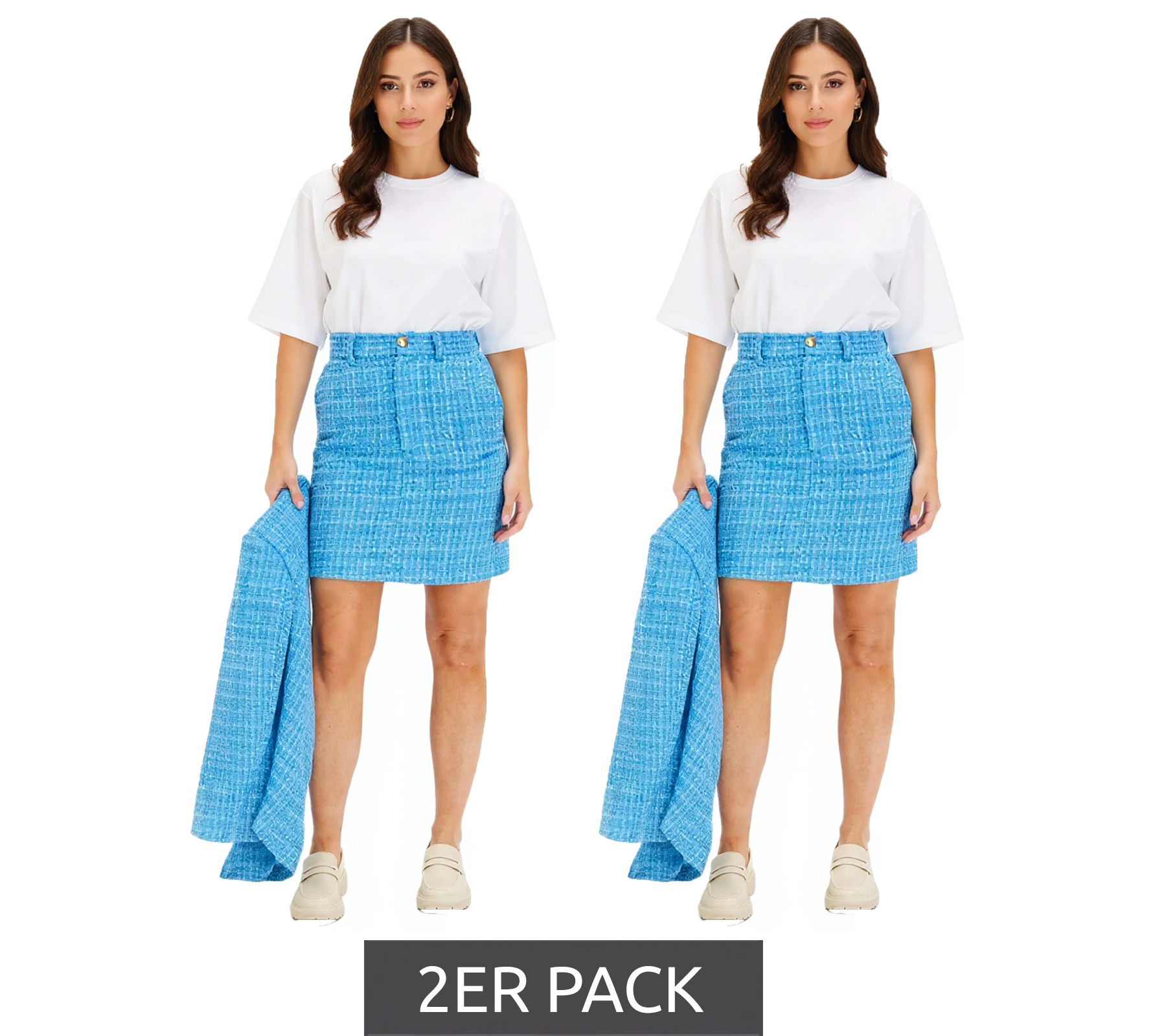 stylischer 2er Sparpack Damen Boucle Mini-Rock Strick-Rock mit Silber-Akzenten 960601 Brilliantblau