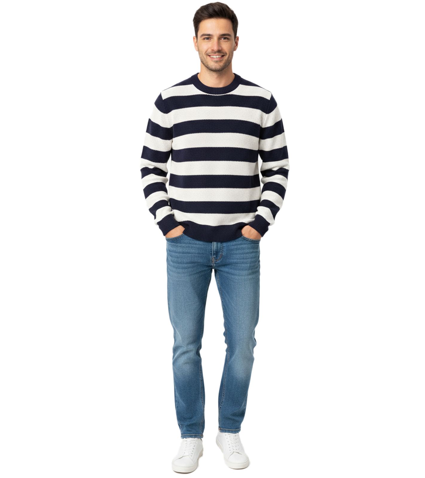 Stylischer ESPRIT Herren Strick-Pullover mit Streifen Rundhals-Sweater Baumwoll-Pullover Dunkelblau/Weiß