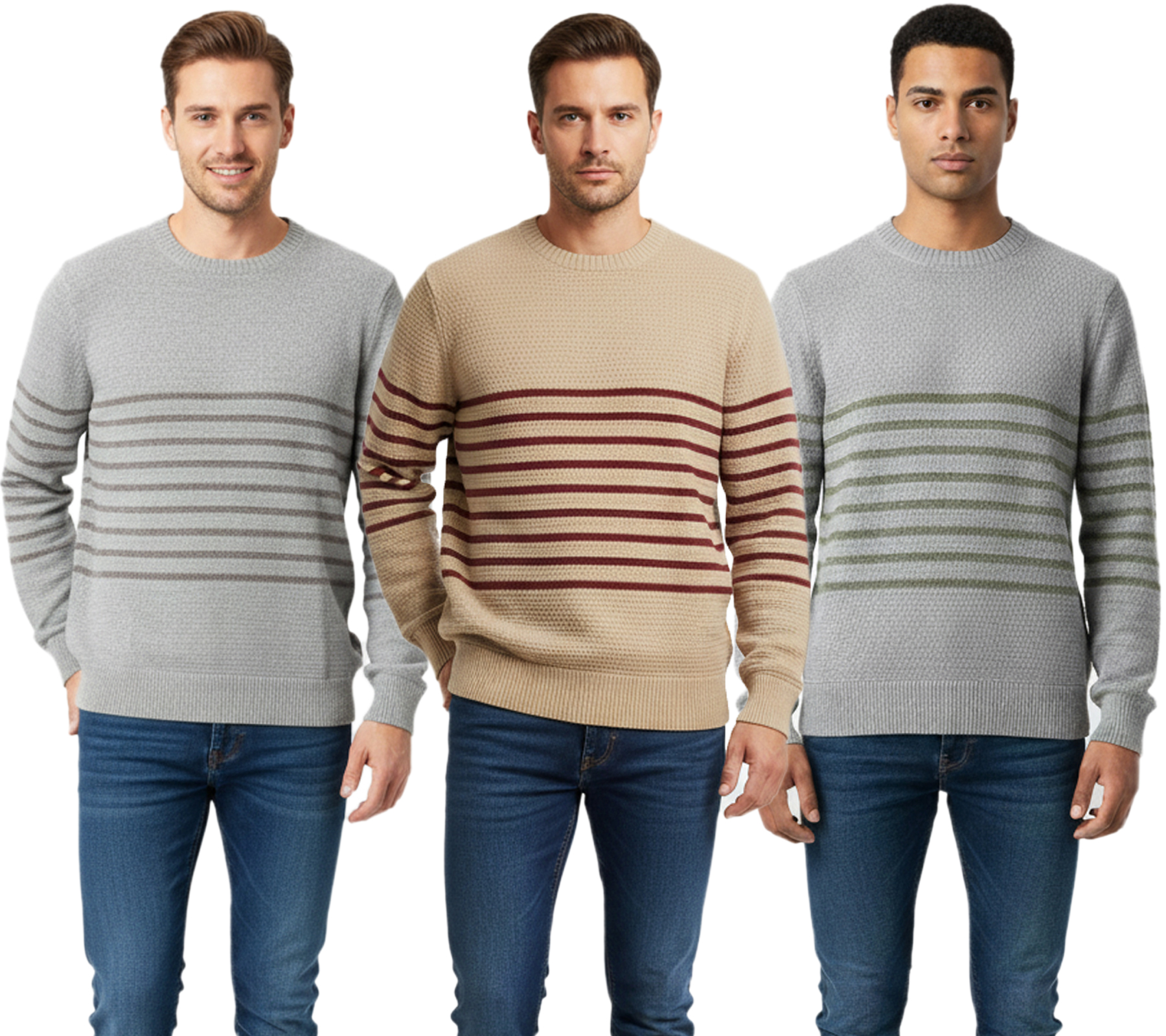 Stylischer ESPRIT Herren Strick-Pullover mit Streifen Rundhals-Sweater Baumwoll-Pullover in Grau/Dunkelgrau, Beige/Bordeaux oder Grau/Grün