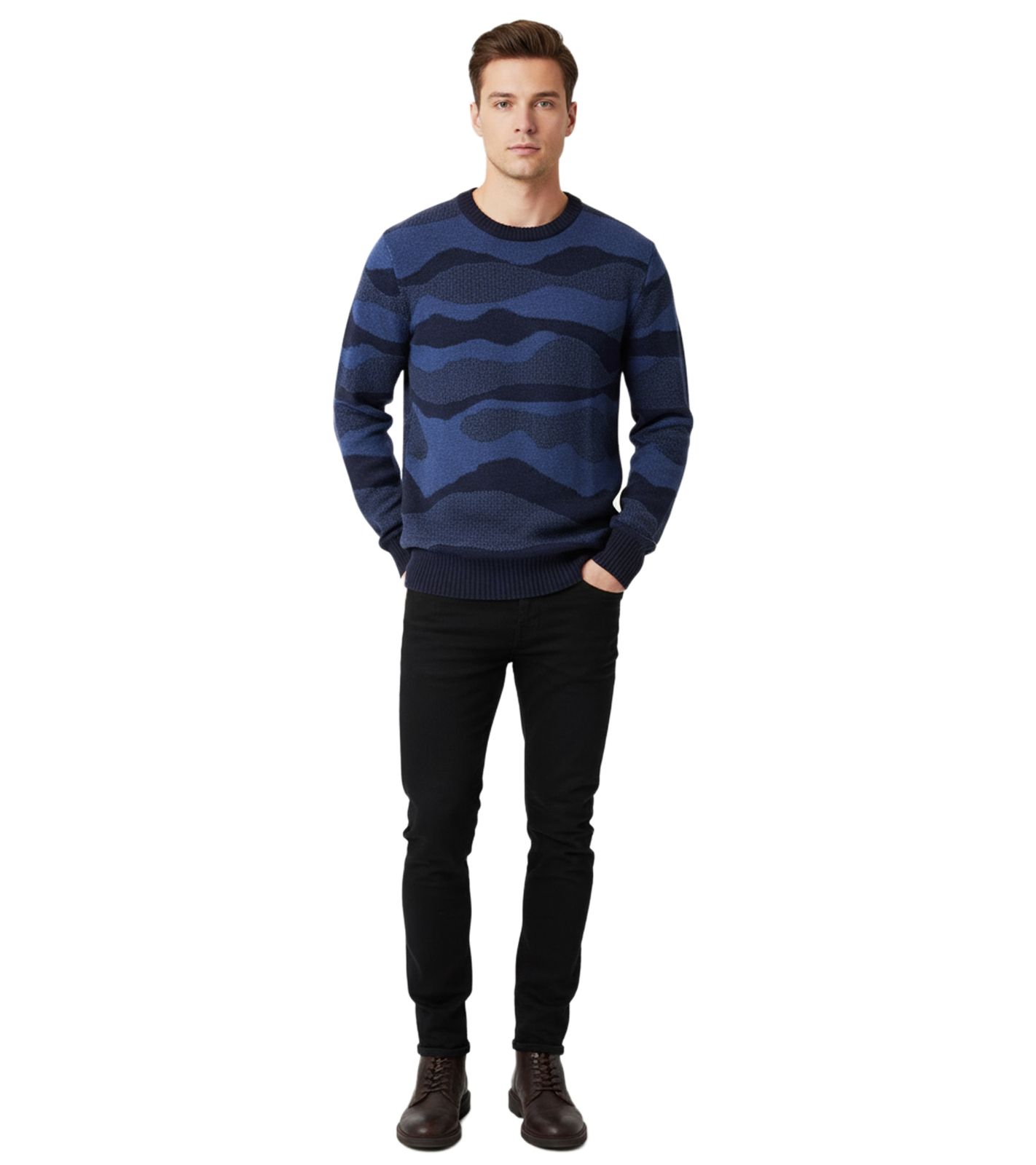 Stylischer ESPRIT Herren Strick-Pullover mit Wellen-Muster Rundhals-Sweater Baumwoll-Pullover Blau
